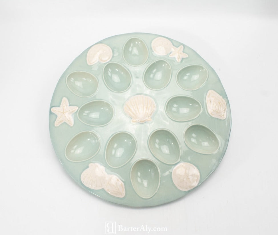 Deviled Eggs Plate Holder Ocean Themed Blue Large Ceramic Serving Plate Used