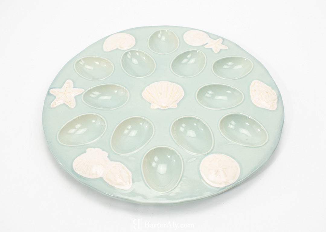 Deviled Eggs Plate Holder Ocean Themed Blue Large Ceramic Serving Plate Used