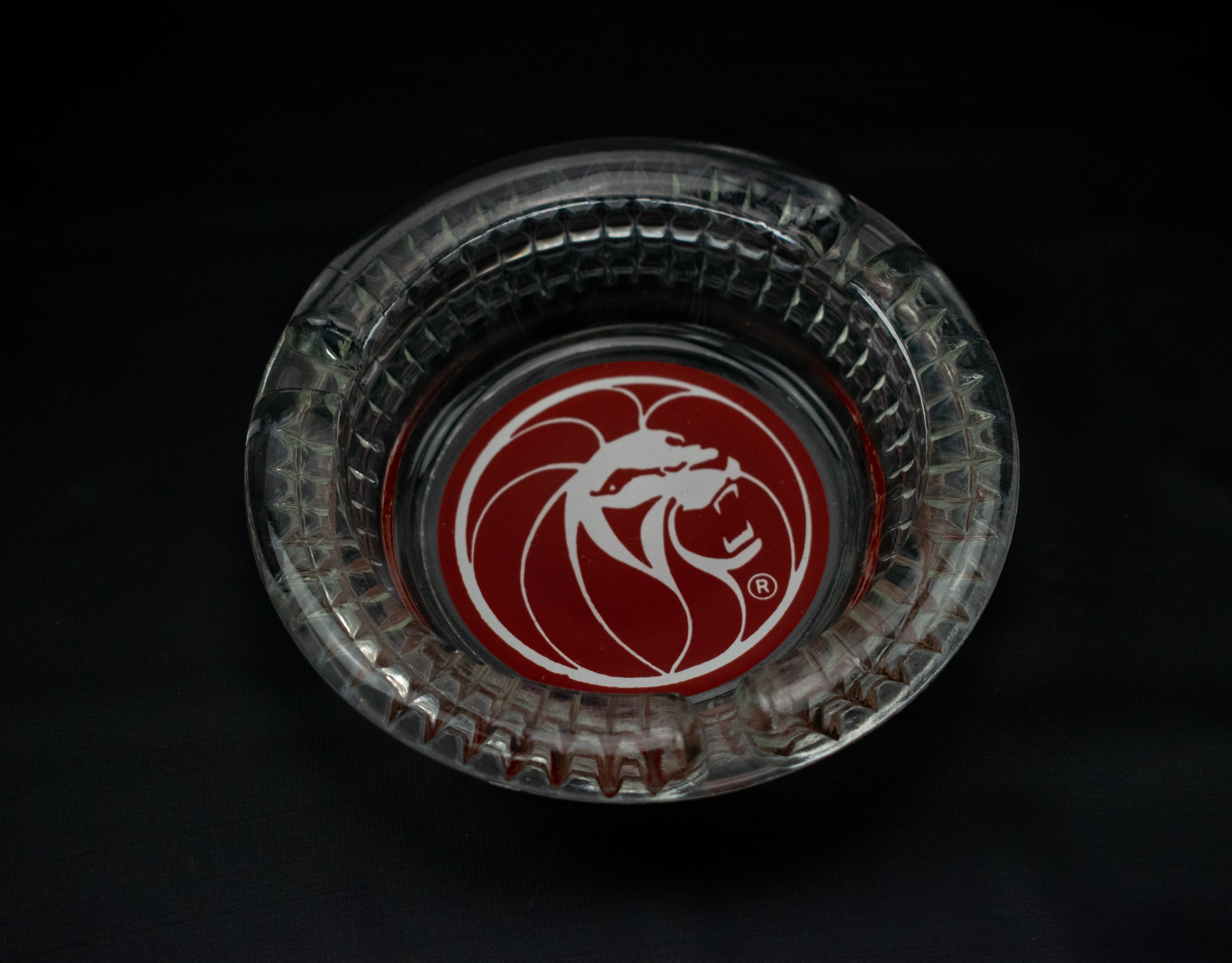 Lion Ashtray Clear Glass Used 4 inch Vintage Red