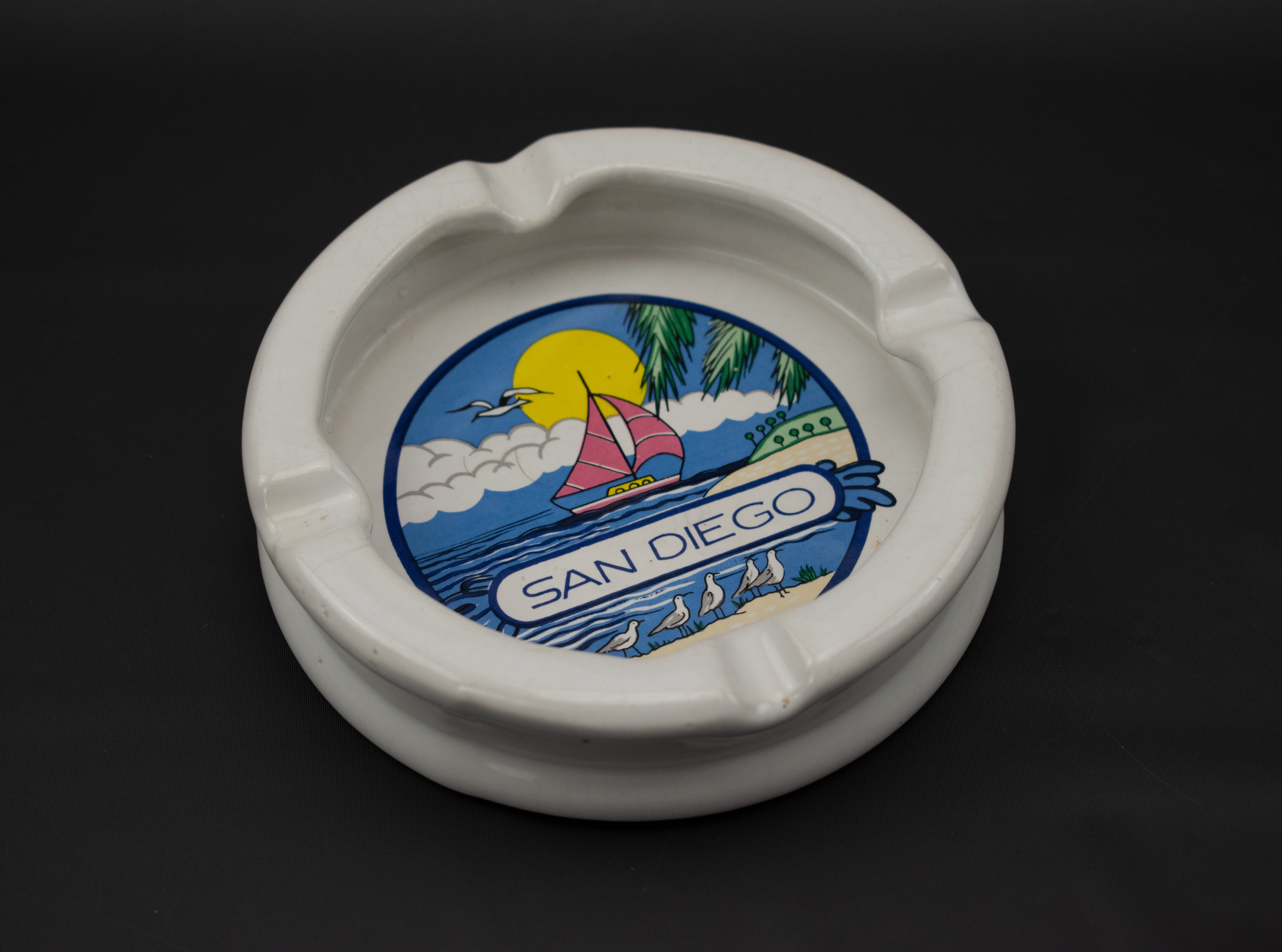 San Diego Ash tray used Vintage white Smoking tray 5x5