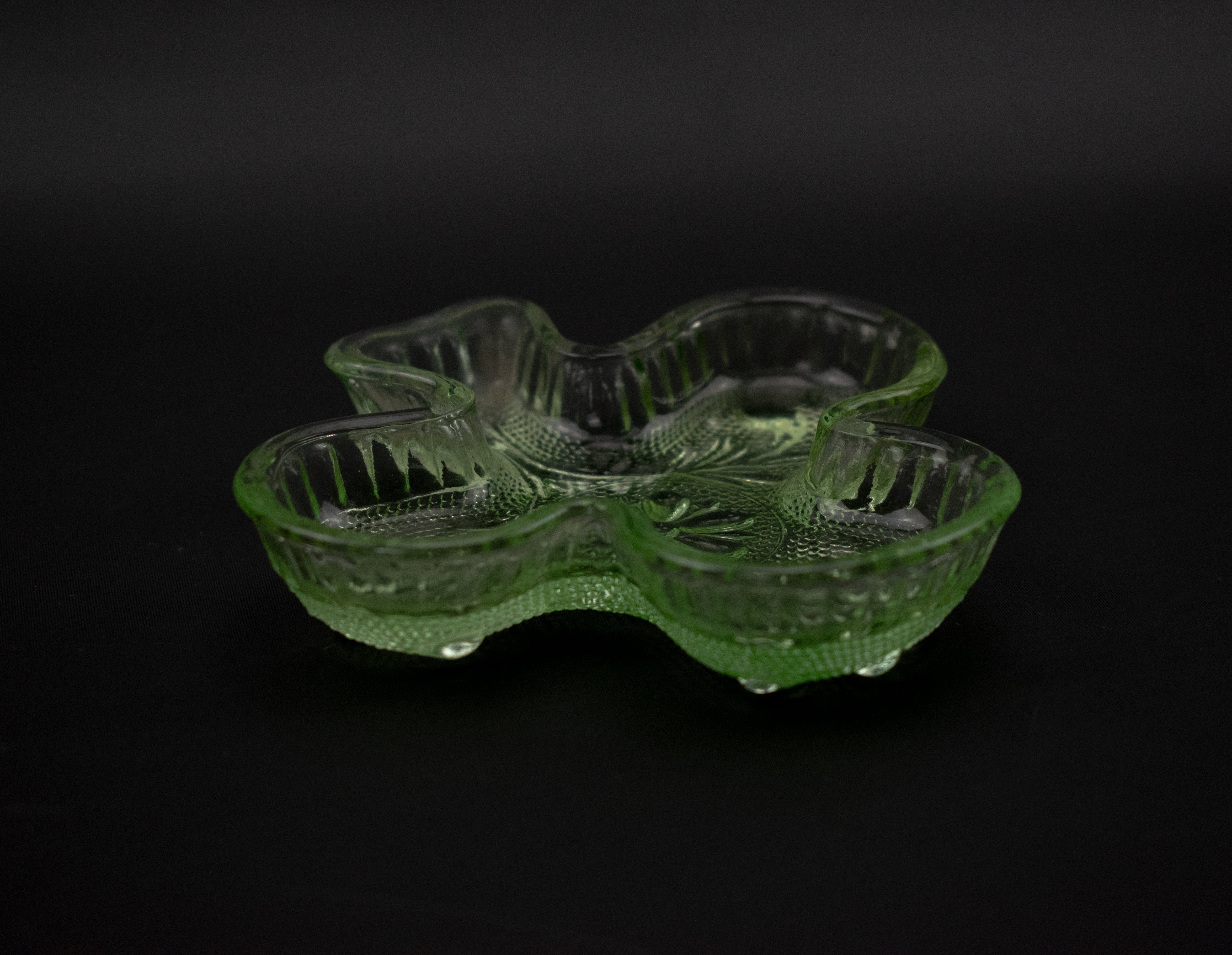 Green Ashtray Glass Ash bowl 3 inch Vintage Lucky Charm Shaped Clear Glass Used