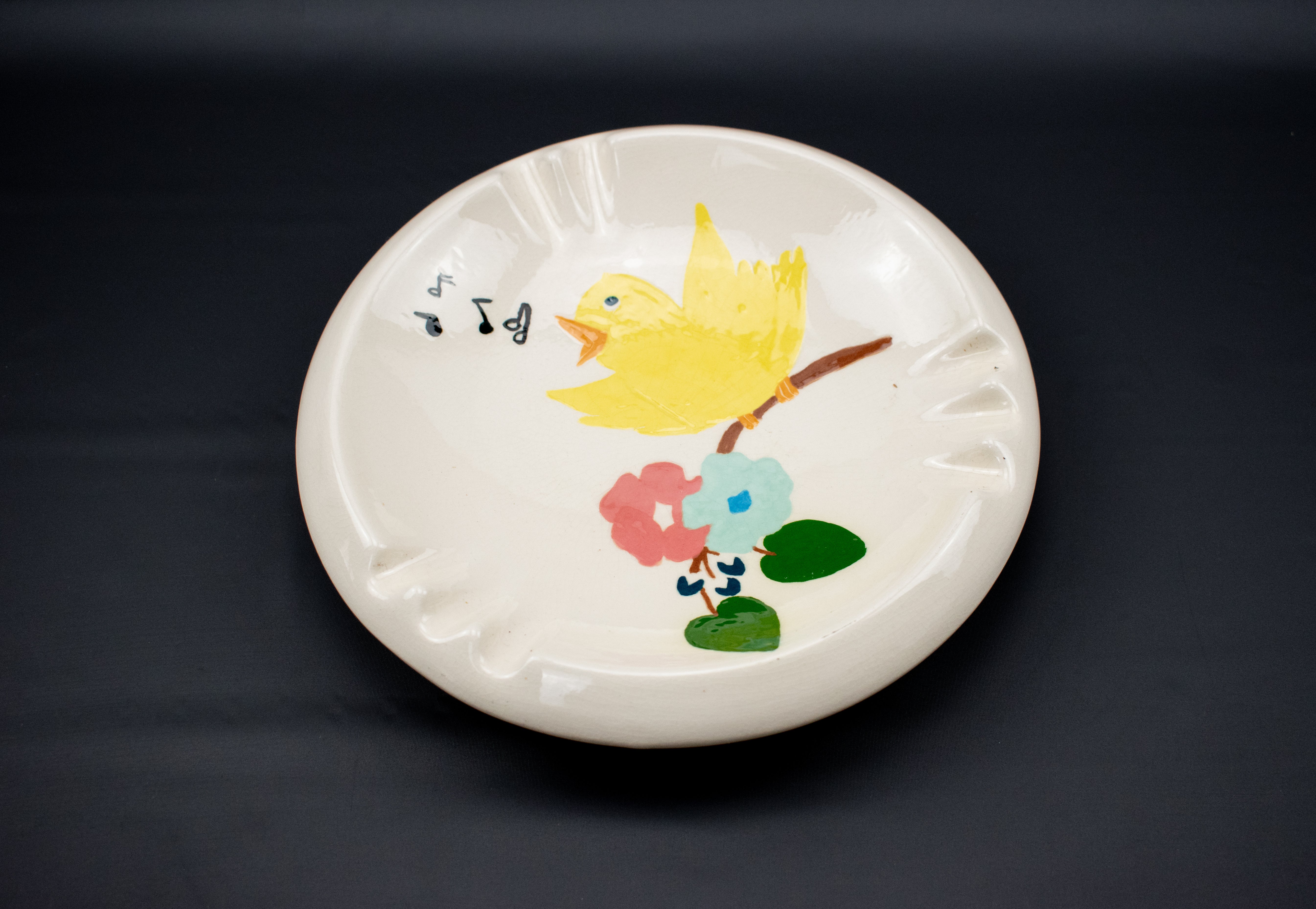 Ashtray White Singing Bird Custom Made OOAK Ash Bowl Decorative Yellow Bird Used