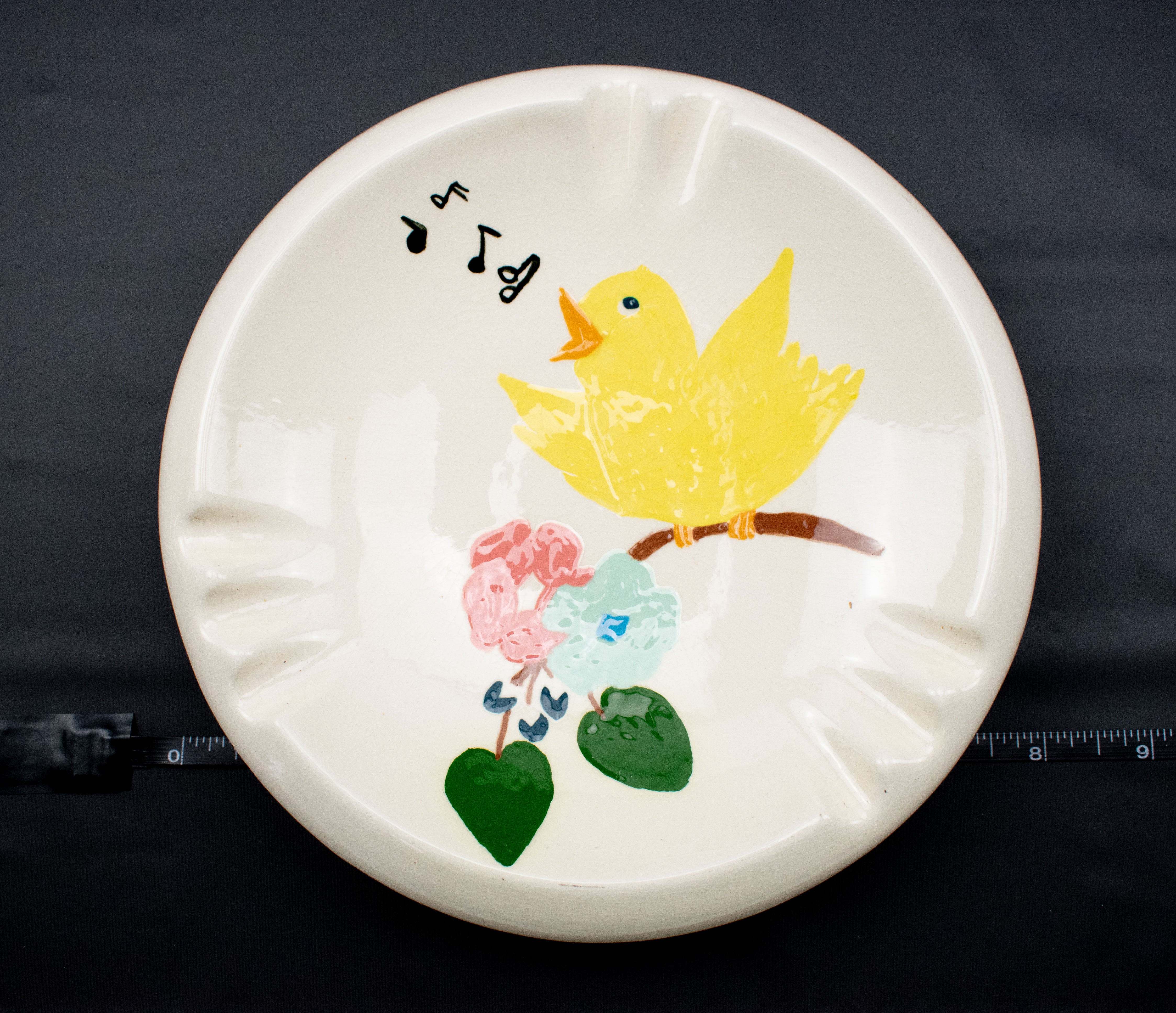 Ashtray White Singing Bird Custom Made OOAK Ash Bowl Decorative Yellow Bird Used