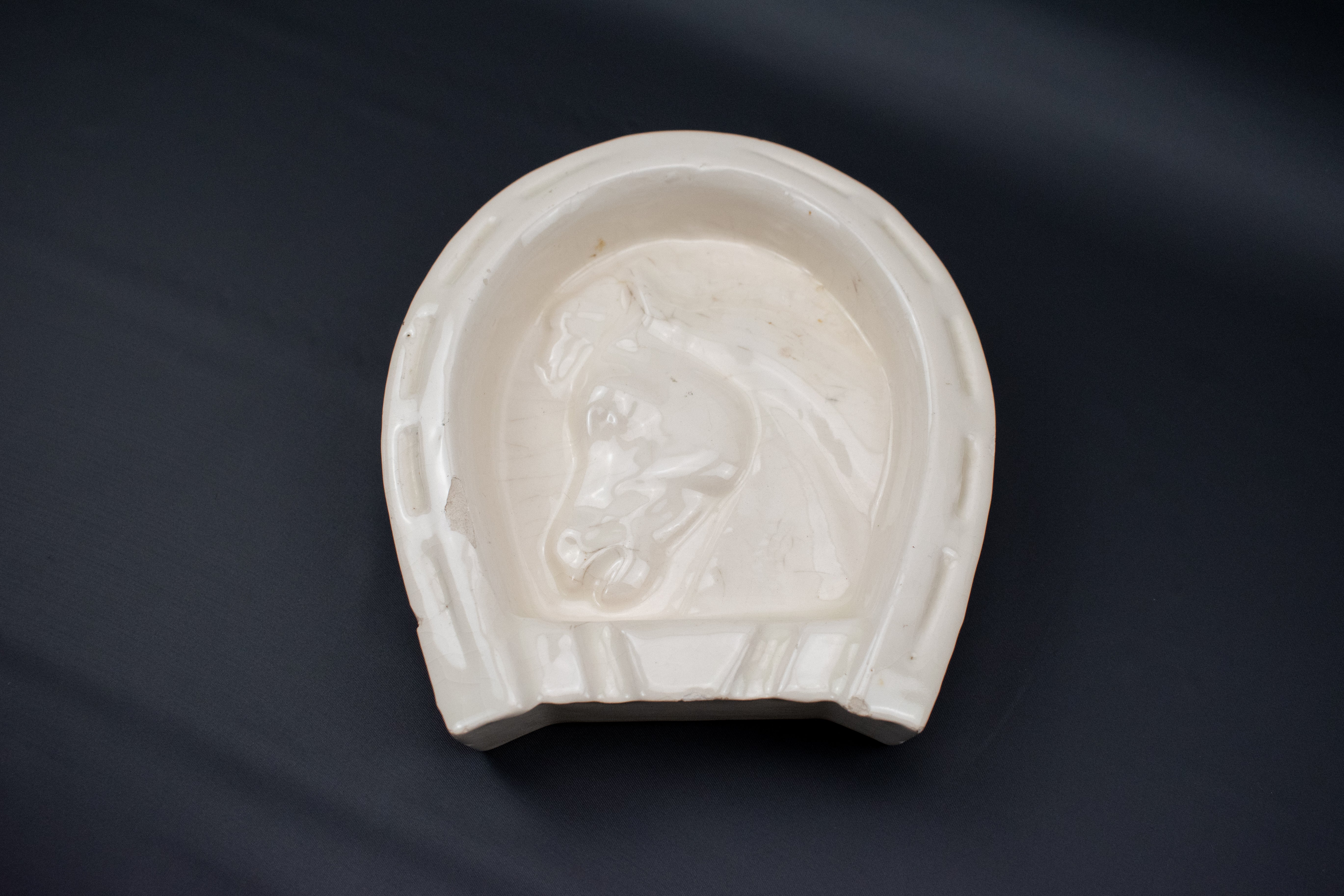 Horse Shoe Ashtray Used Ash Bowl White Vintage 5inch Ceramic