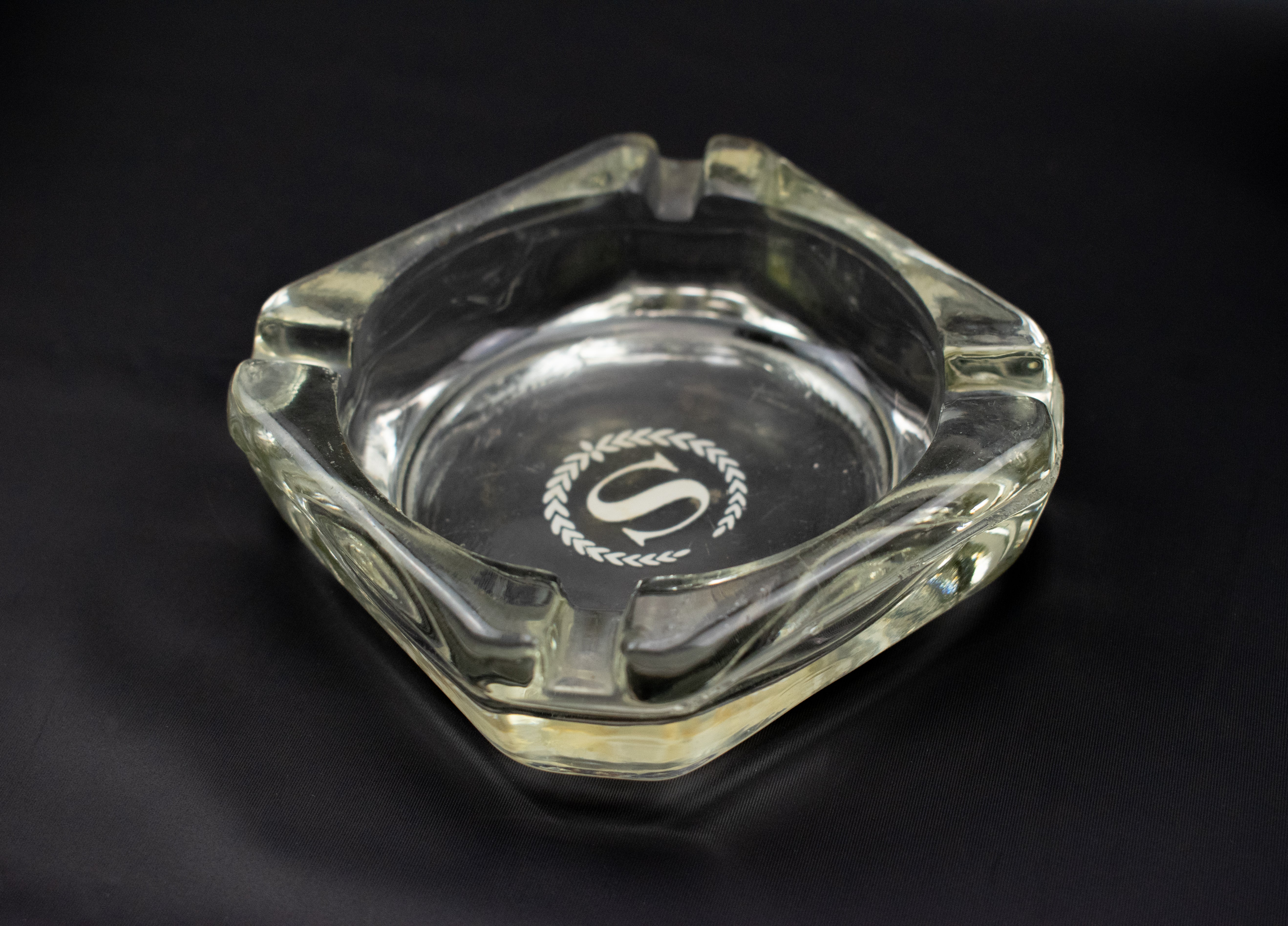 Clear Ash Tray Used Small 3 inch Letter S Etched Center