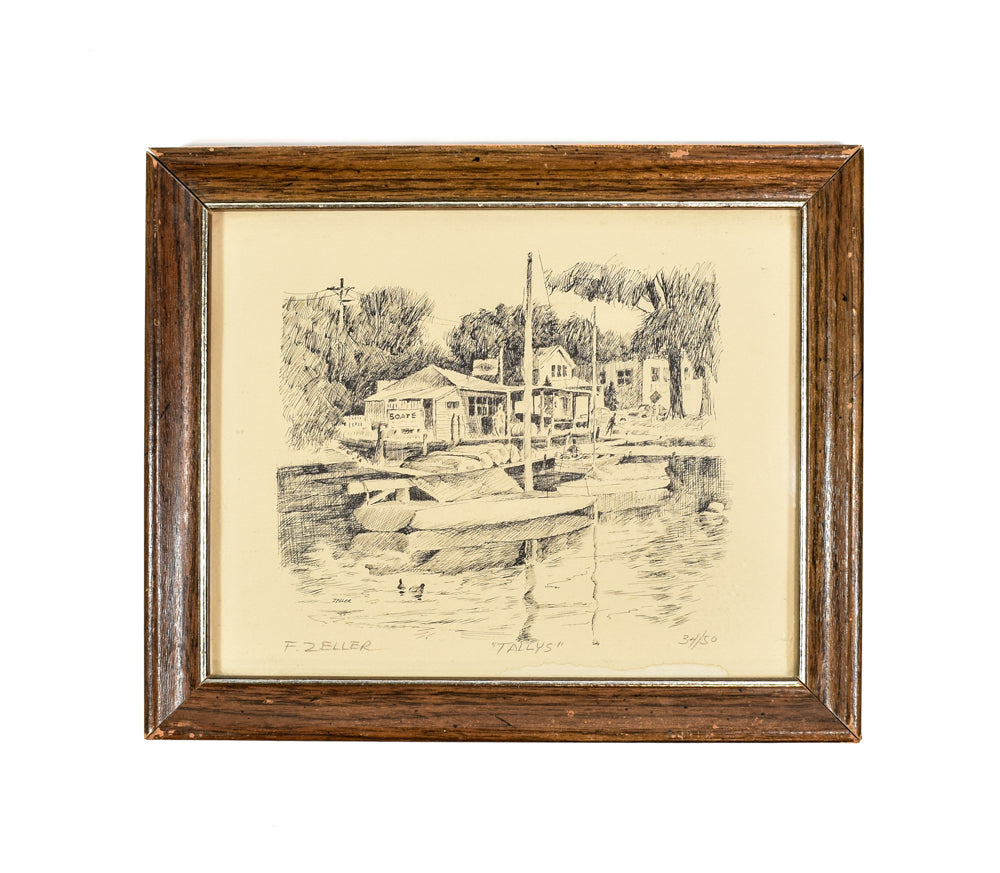 Printed Original Black INK 11.5x9.5 Framed Vintage Artwork Sketch Zeller Tallys 34 /50