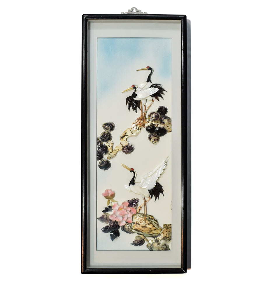 Shadow Box Crane Birds Framed 31x12 Good Luck Asian Art 3D Vintage Art Home Decor