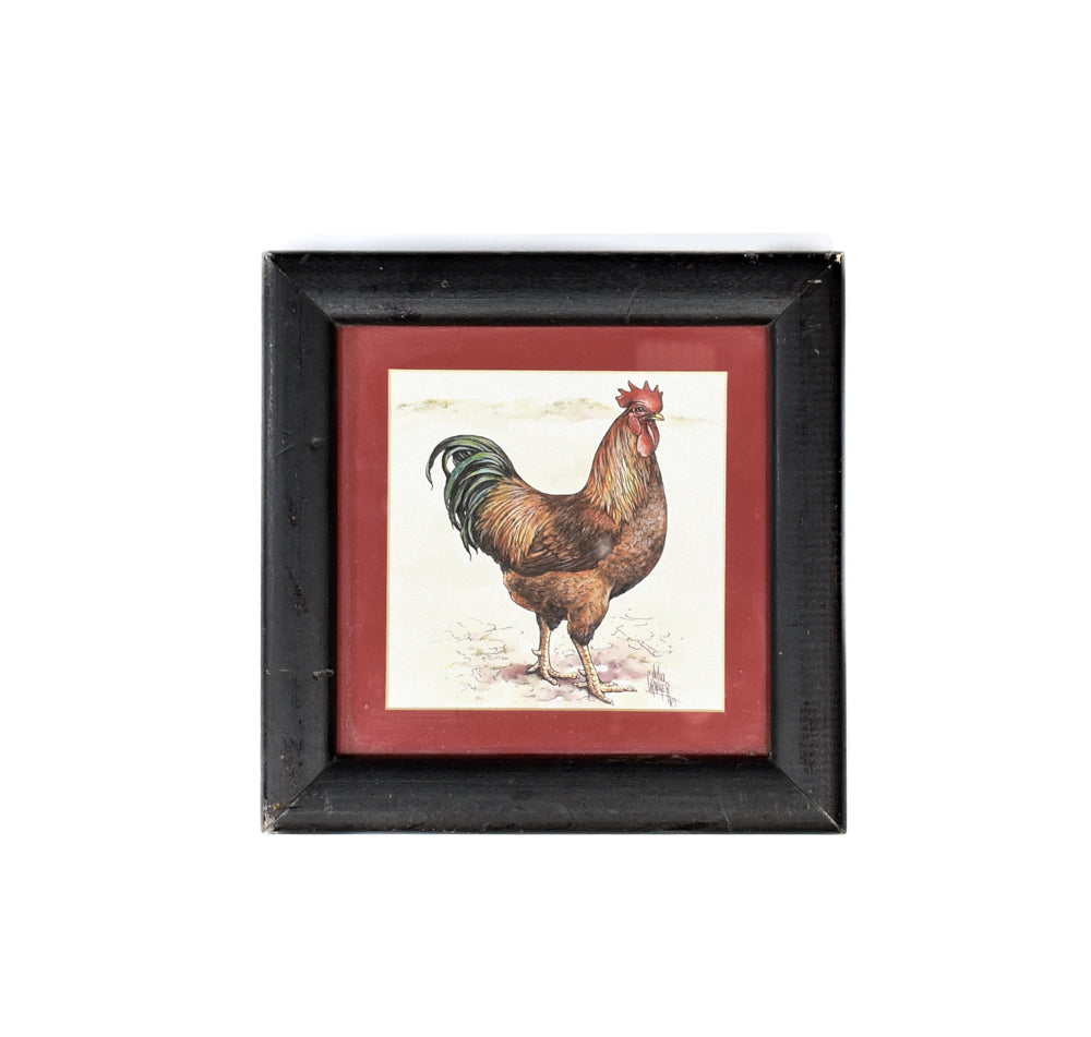 Rooster Country Farm Home decor Used Framed Drawing Julia Cramer 7 x 7 framed