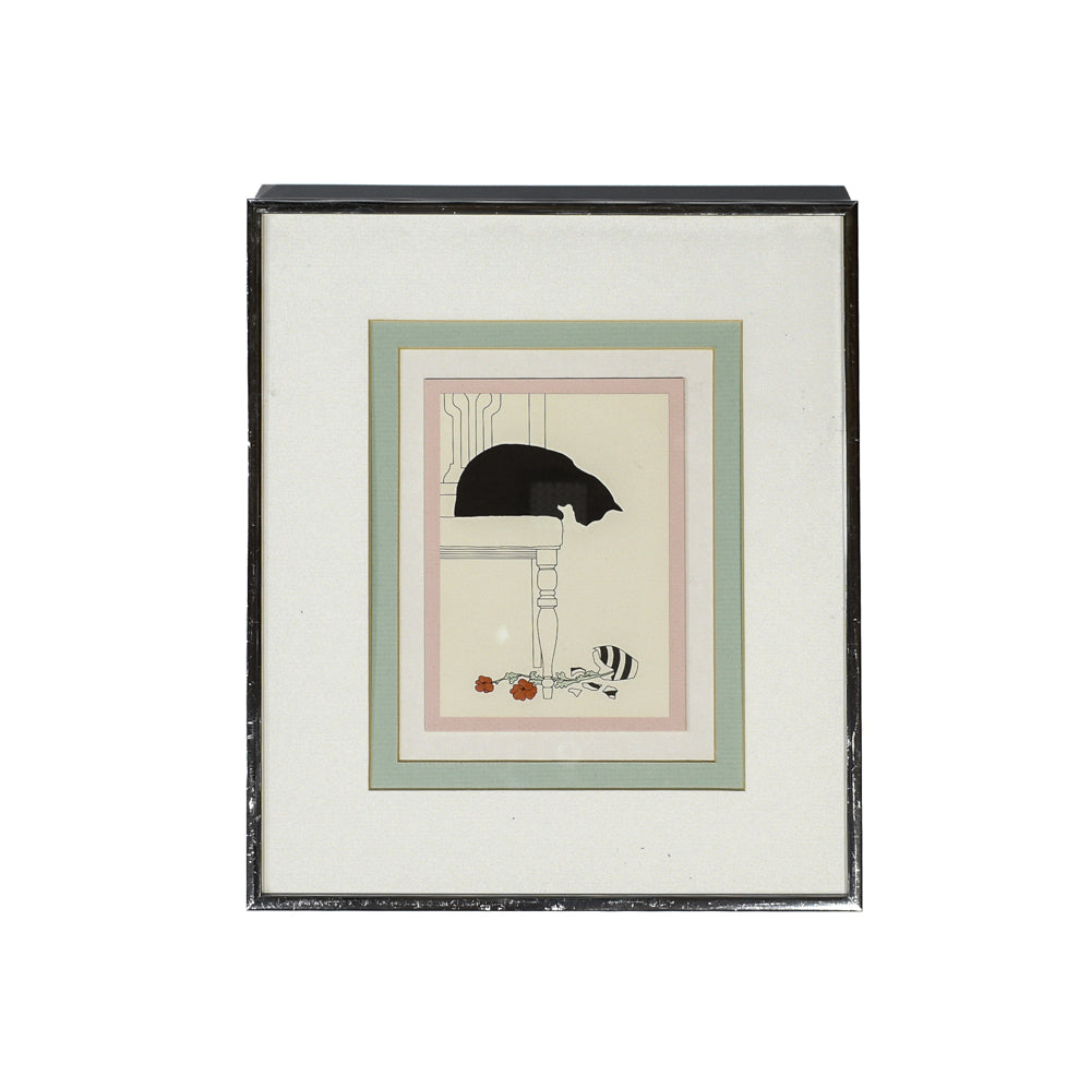 Sue Boettcher Hand Coloured Card 125 Design No 7A Black Cat Broken Vase Framed 11x12