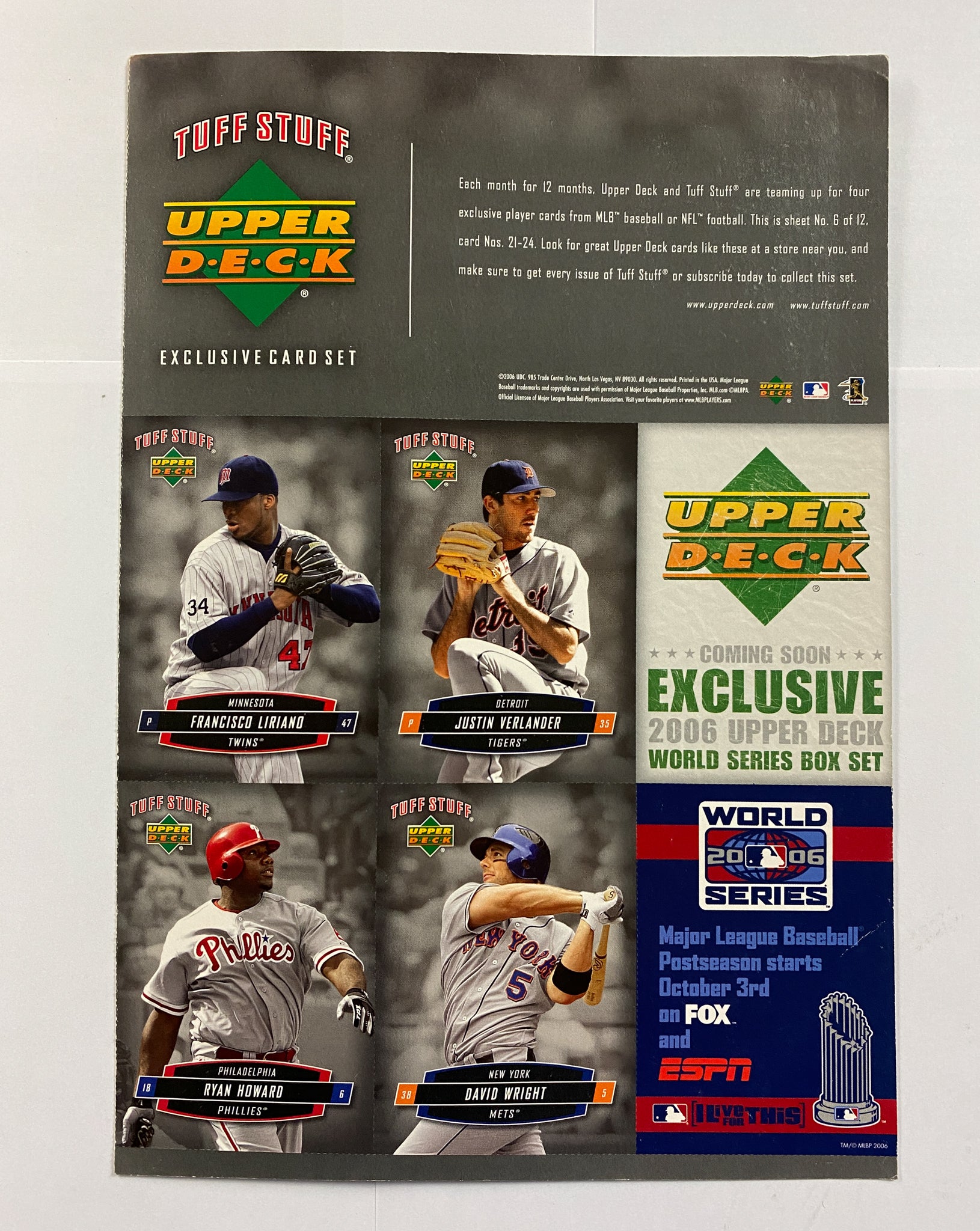 2006 Upper Deck Tuff Stuff Uncut Sheet Justin Verlander, Wright, Howard, Liriano