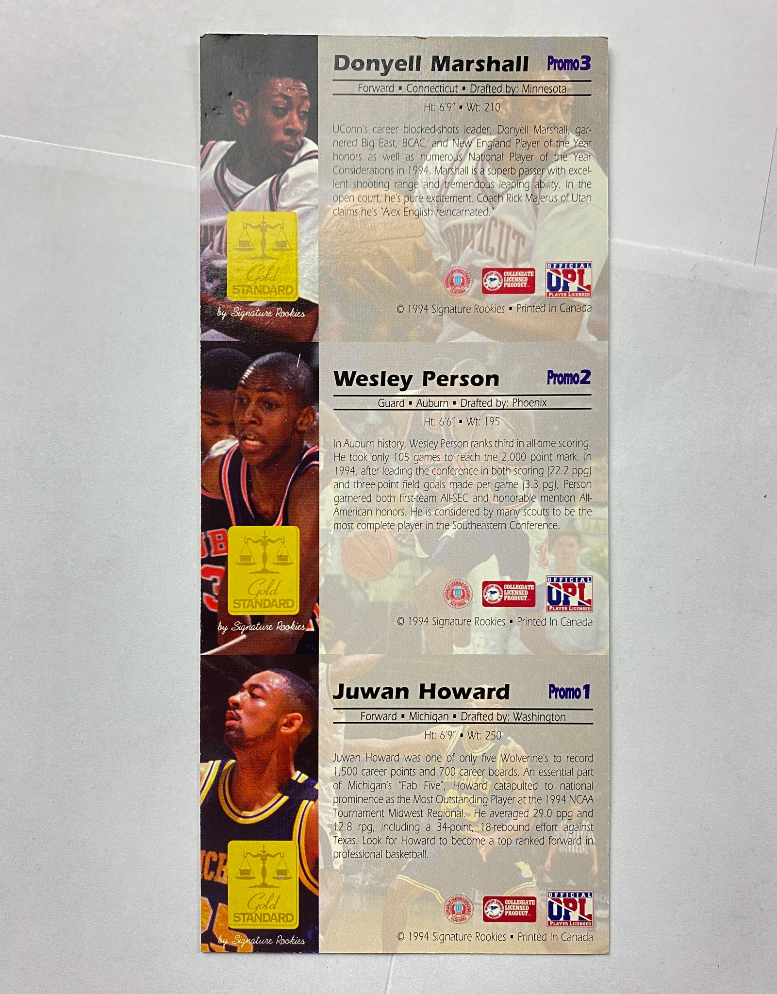 1994 Signature Rookies Uncut Panel Basketball Card 3 Uncut Juwan Howard Wesley Person