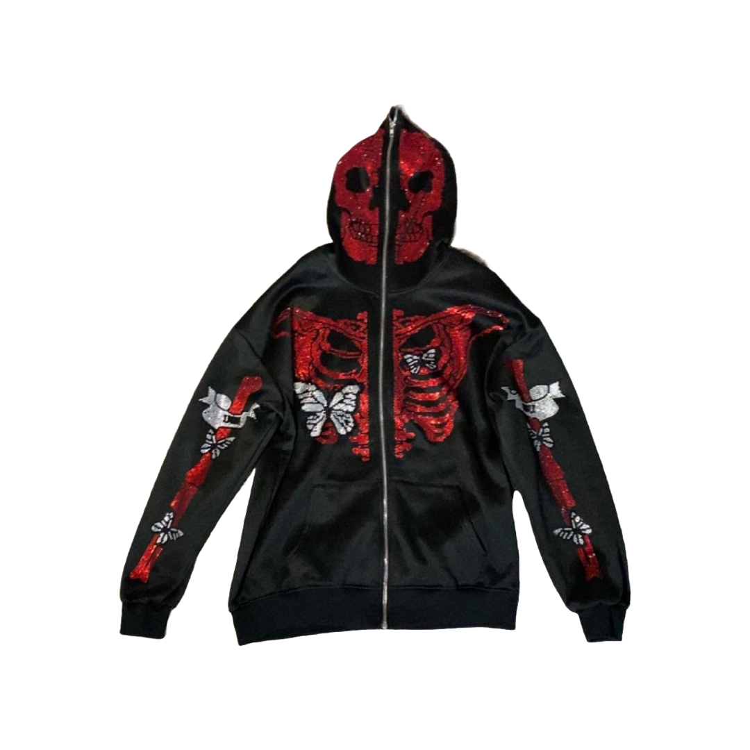 Red Skeleton Rhinestone Men's Hoodie Long Sleeve Zipper Street Hip Hop