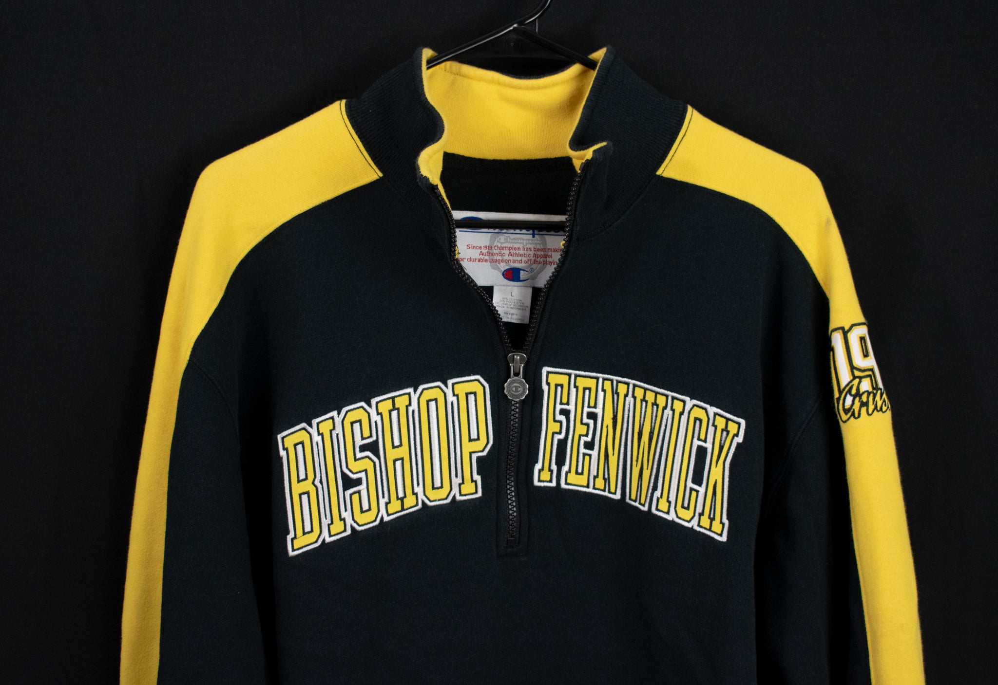 Bishop Fenwick Men Pullover Sweater Authentic Black Champion Yellow Half Zip 1959