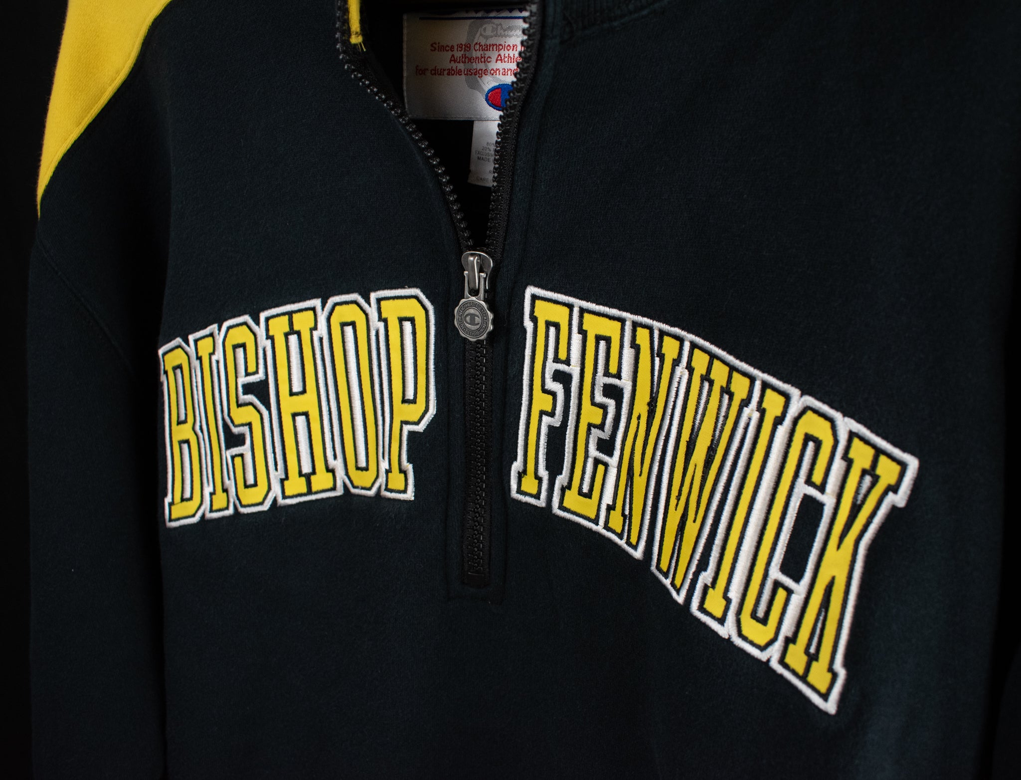 Bishop Fenwick Men Pullover Sweater Authentic Black Champion Yellow Half Zip 1959