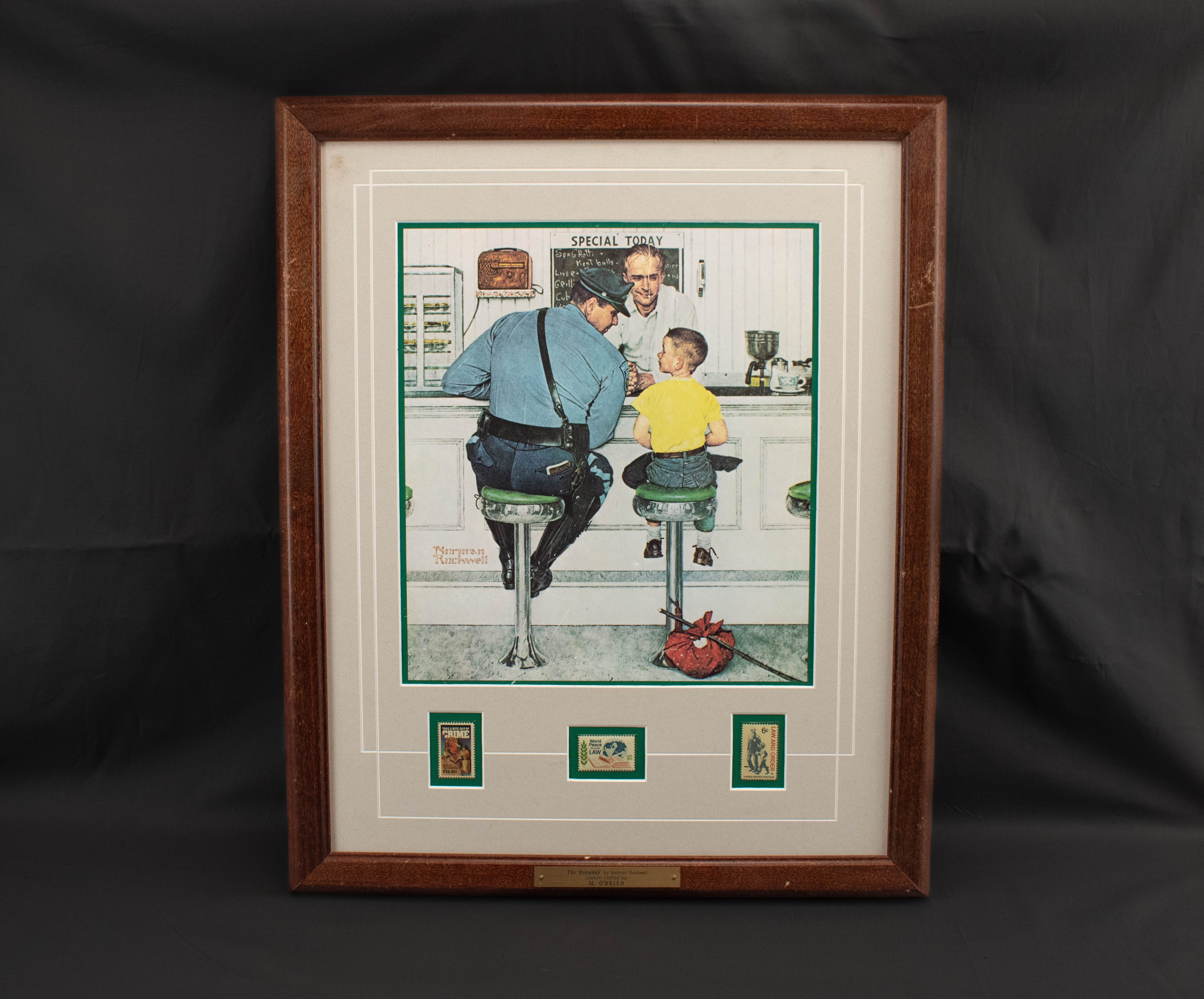 Norman Rockwell Framed Art With Original Stamps The Runaway Police Officer & Kid