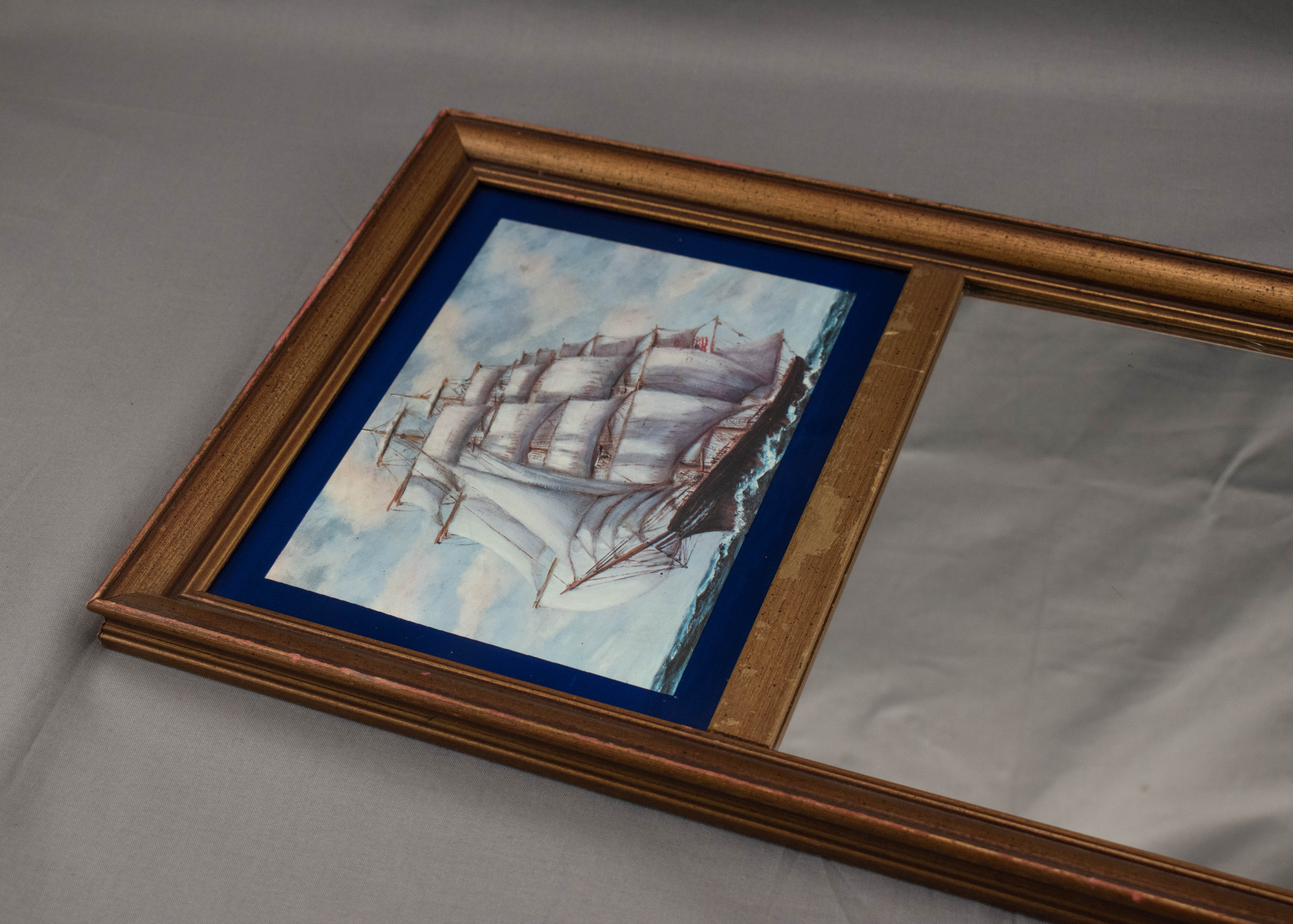 Clipper Ship Blue and Gold Mirror and Art J. Links 1963 Framed Nautical Artwork 19x10in