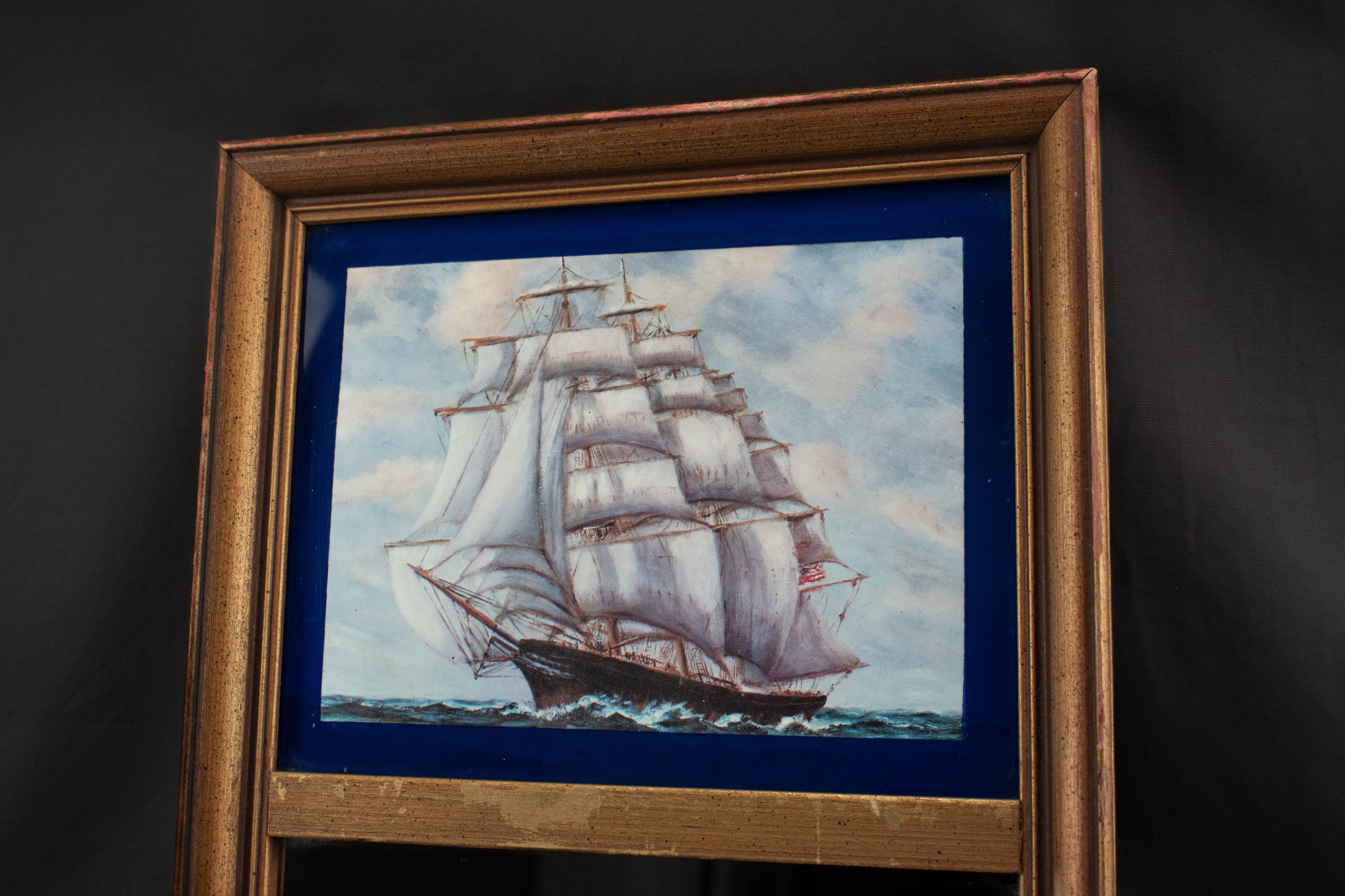 Clipper Ship Blue and Gold Mirror and Art J. Links 1963 Framed Nautical Artwork 19x10in