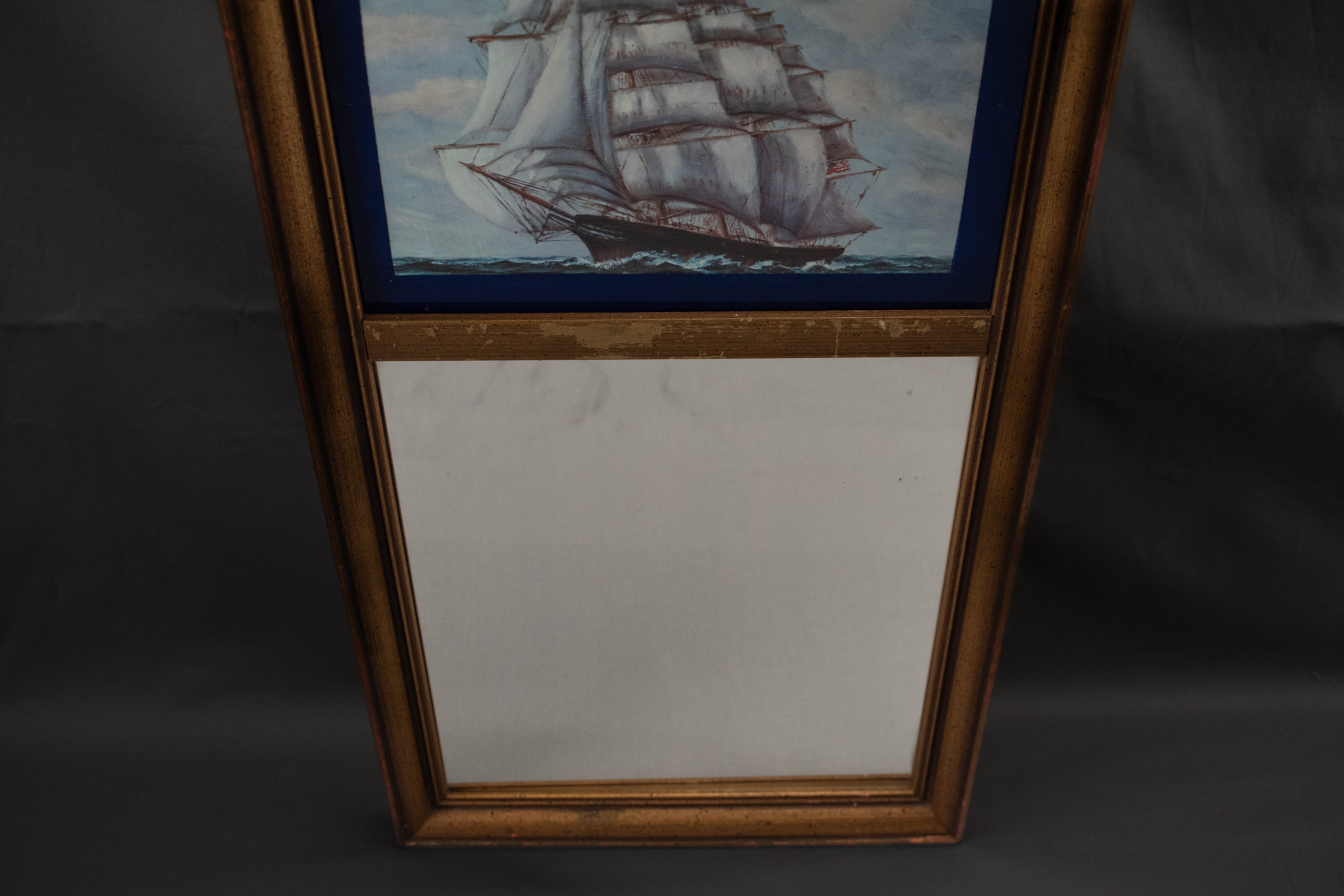 Clipper Ship Blue and Gold Mirror and Art J. Links 1963 Framed Nautical Artwork 19x10in