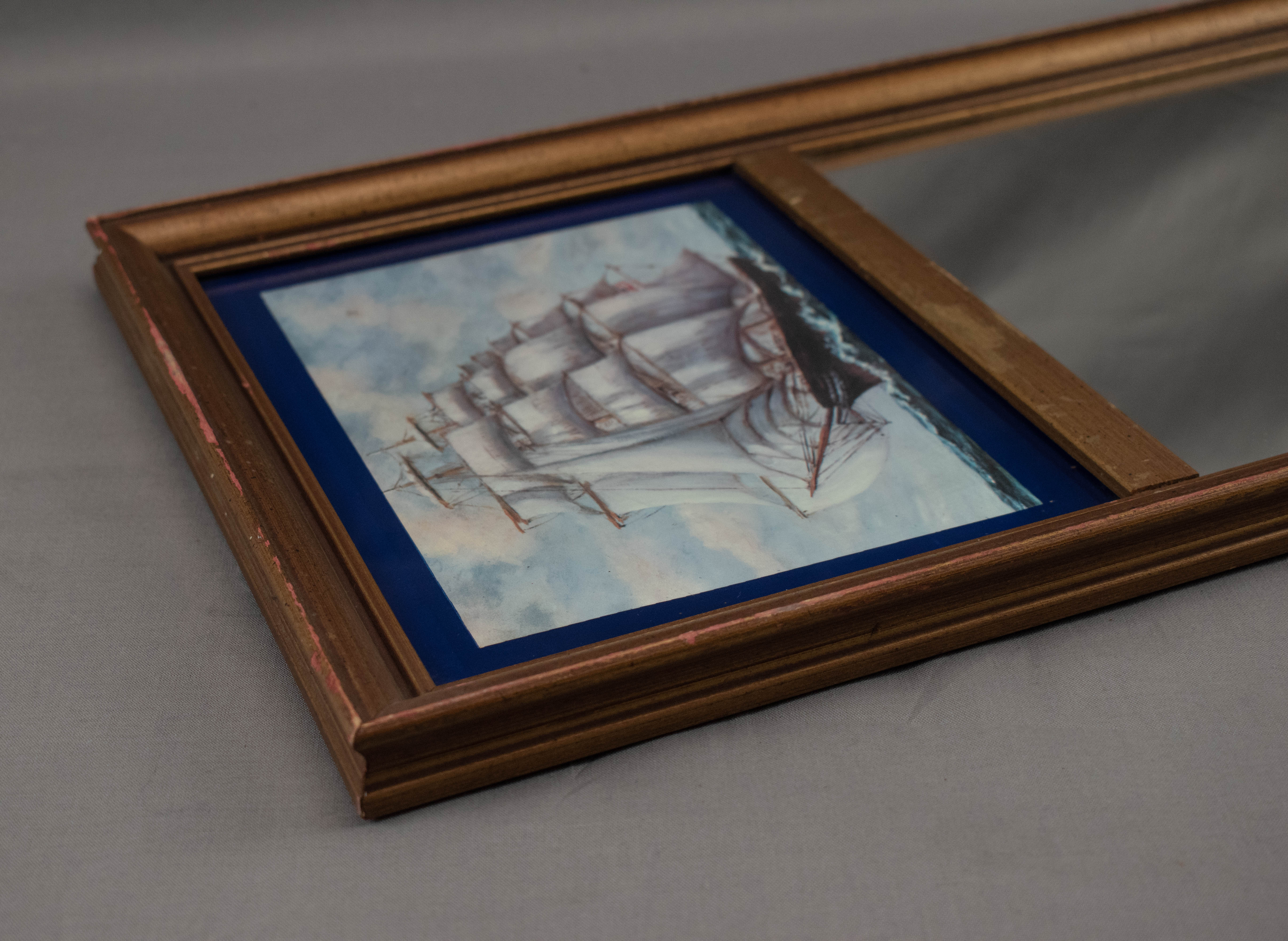 Clipper Ship Blue and Gold Mirror and Art J. Links 1963 Framed Nautical Artwork 19x10in