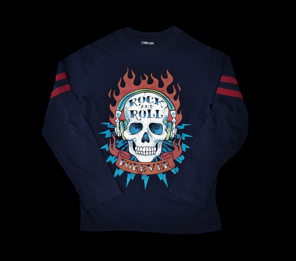 Rock& Roll Forever T-Shirt Kids Long Sleeve Shirt Blue Skull Colorful Used