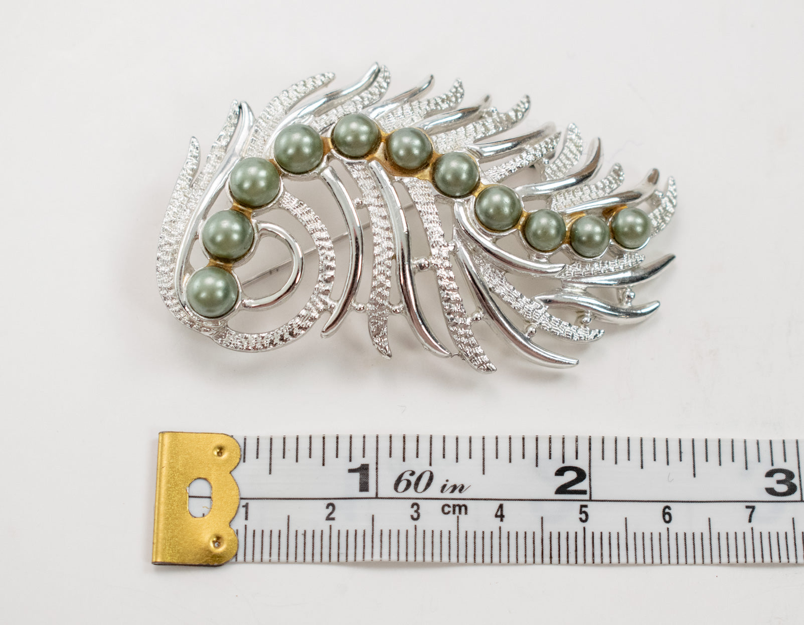 Brooch Pin Collectible Vintage Pin Used Silver Olive green pearls Flashy 2 1/2inch