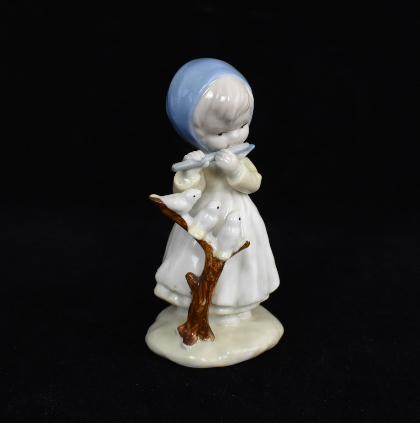 Ceramic Figurine Child Play The Flute Used Blue Hat & Birds Porcelain Used 5inch