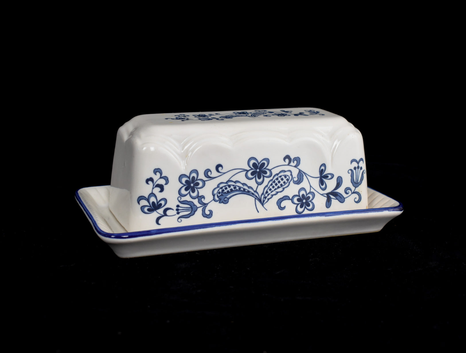 Vintage Blue & White Porcelain Japan Butter Dish Plate Used