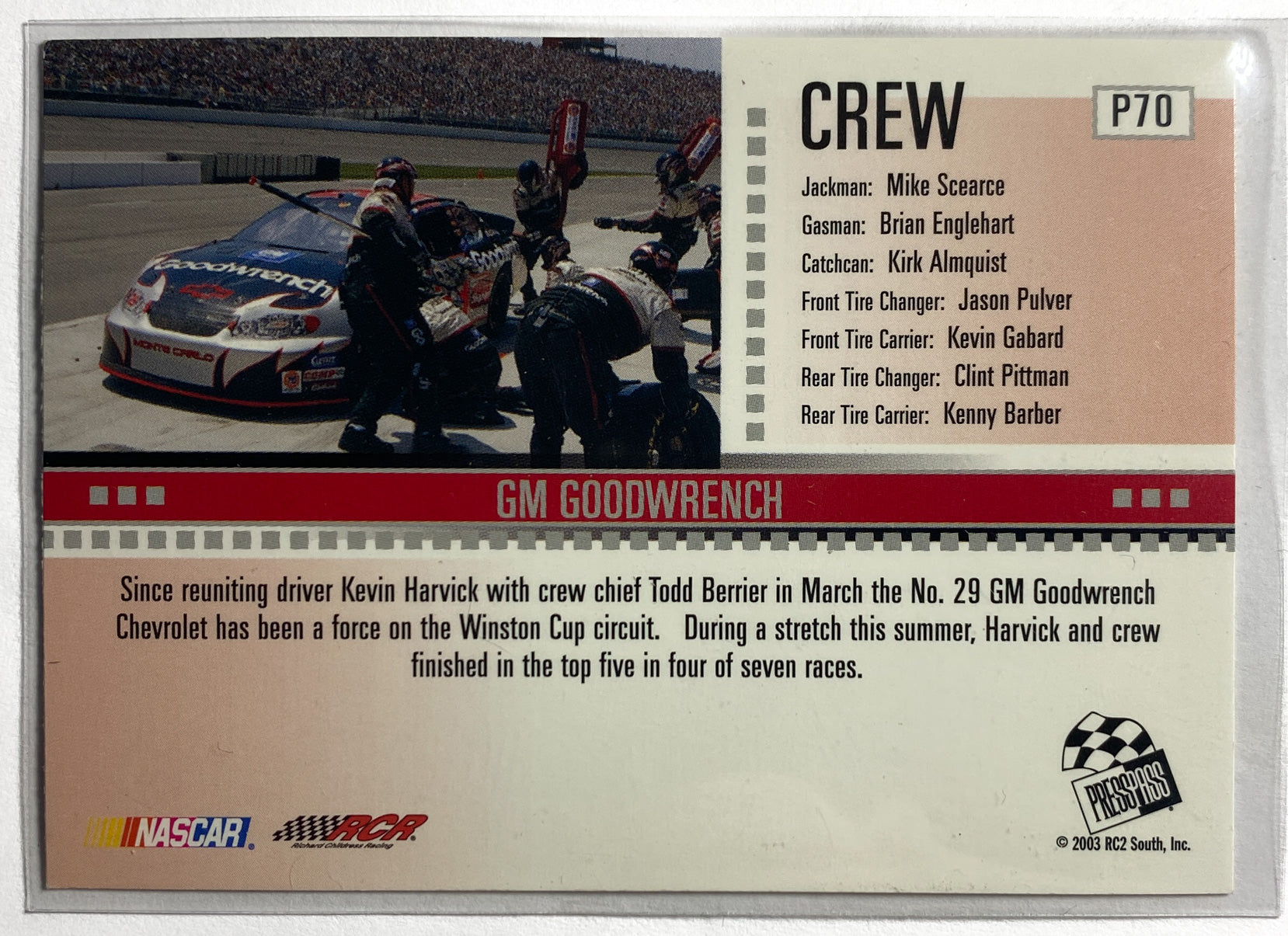 Kevin Harvick Over The Wall Press Pass 2004 GM Goodwrench P70