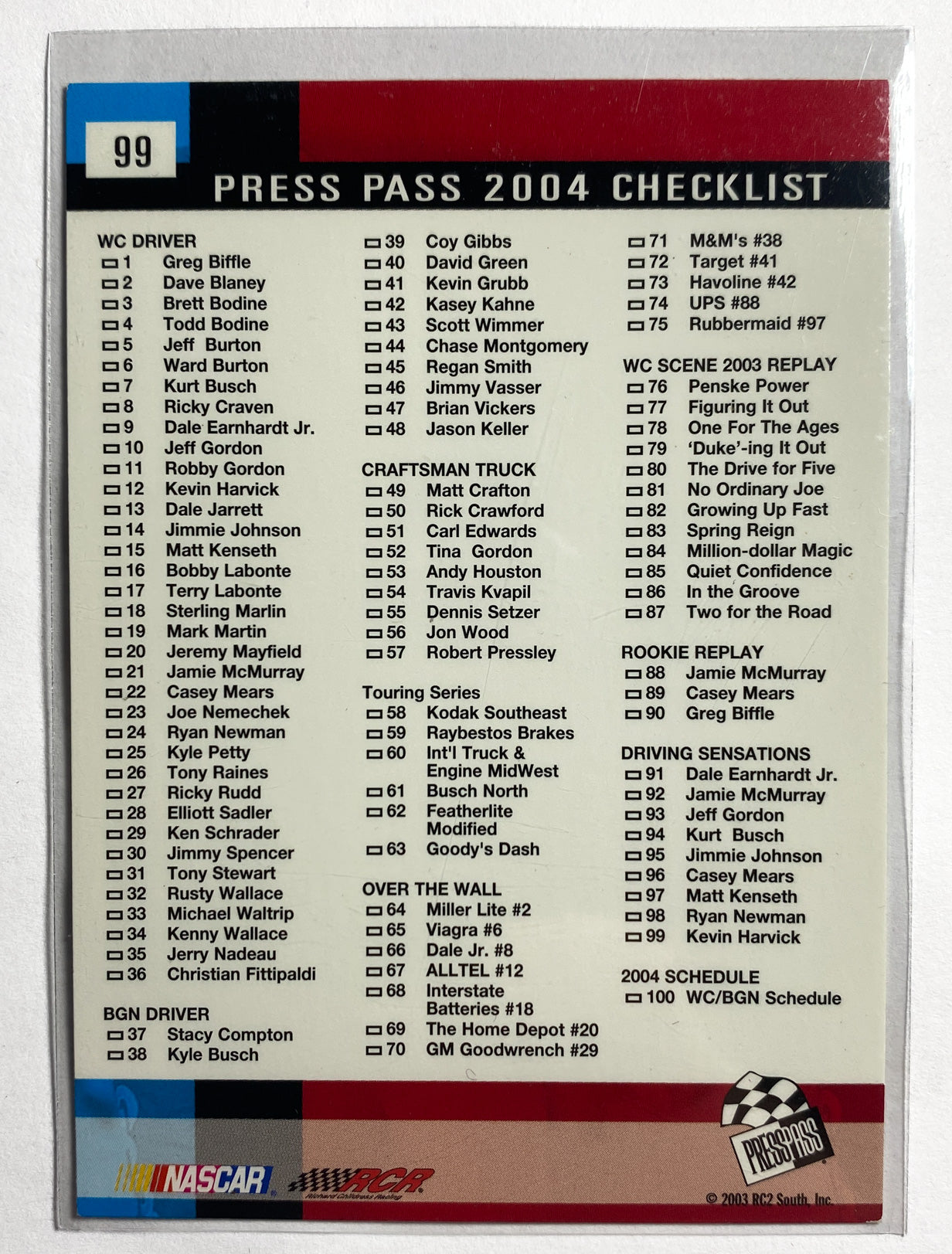 Kevin Harvick 99 Press Pass Checklist 2004 Press Pass