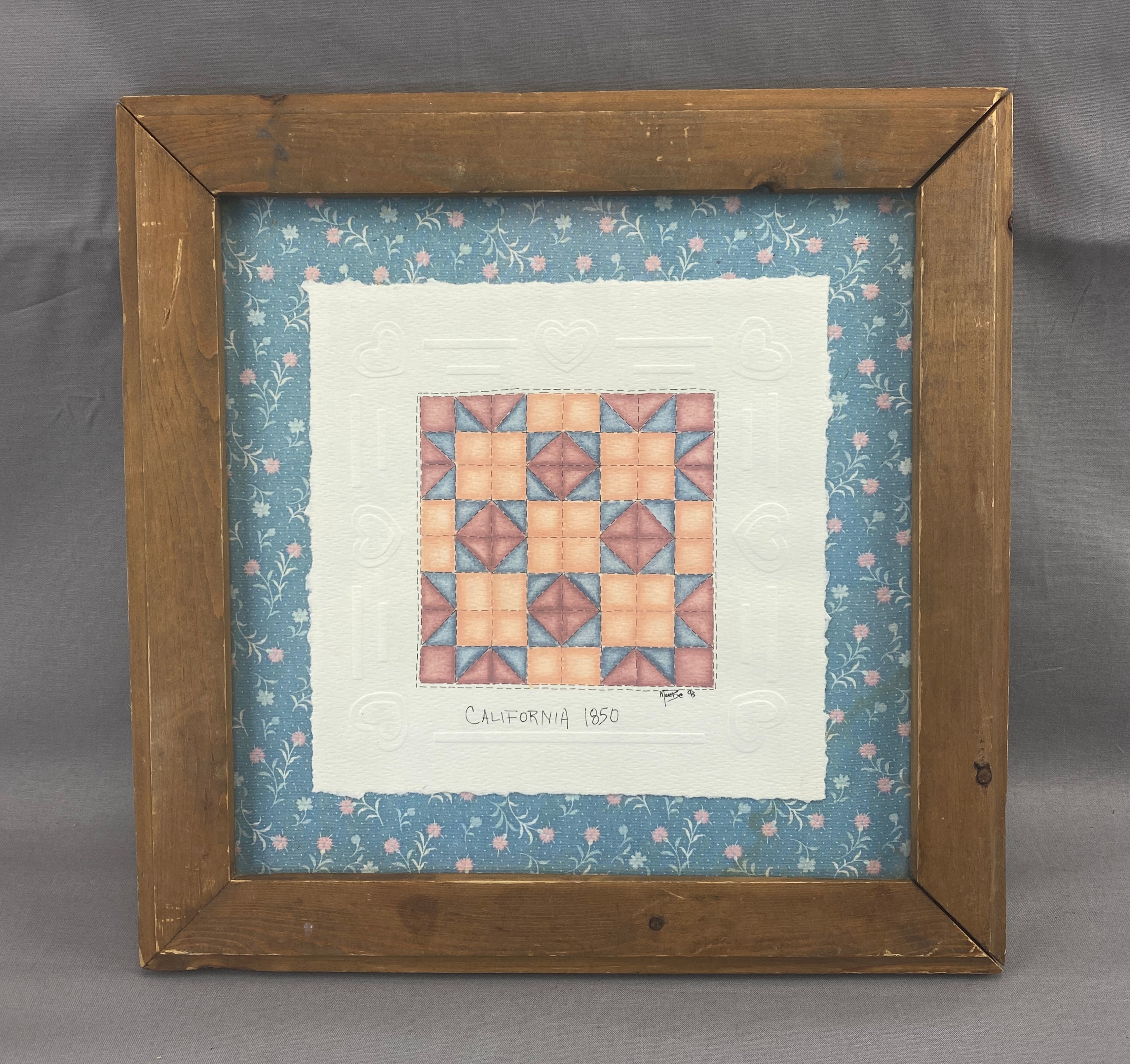 Vintage California Quilt Block California 1850 12x12 Framed Used 93