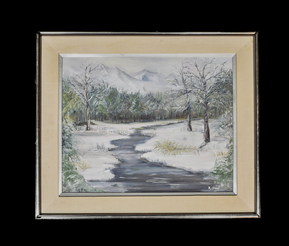 R Hoyt Hand Painted Framed Work Artwork Mountain Snow View River Painting Authentic