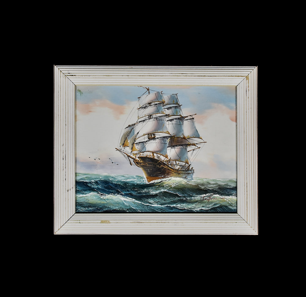 Victorian Ship Painting 10x12 Framed Naval Ship Artwork on Canvas Wood Frame Hand Painted