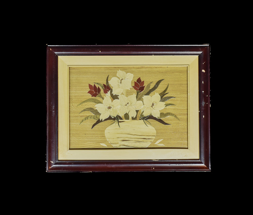 Wood Marquetry Art Framed Used Framed Flower Pot Artwork Wood 14x18