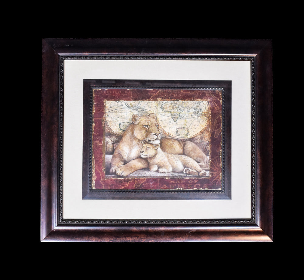 Framed African Lion Artwork Decor Map of Africa Wall Hanging Decorative Art Used