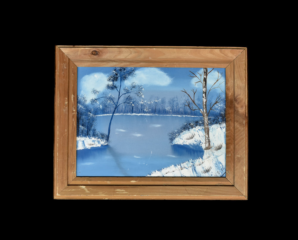 Winter Scene Artwork Hand Painted Canvas Framed 1984 Signed Wood Frame