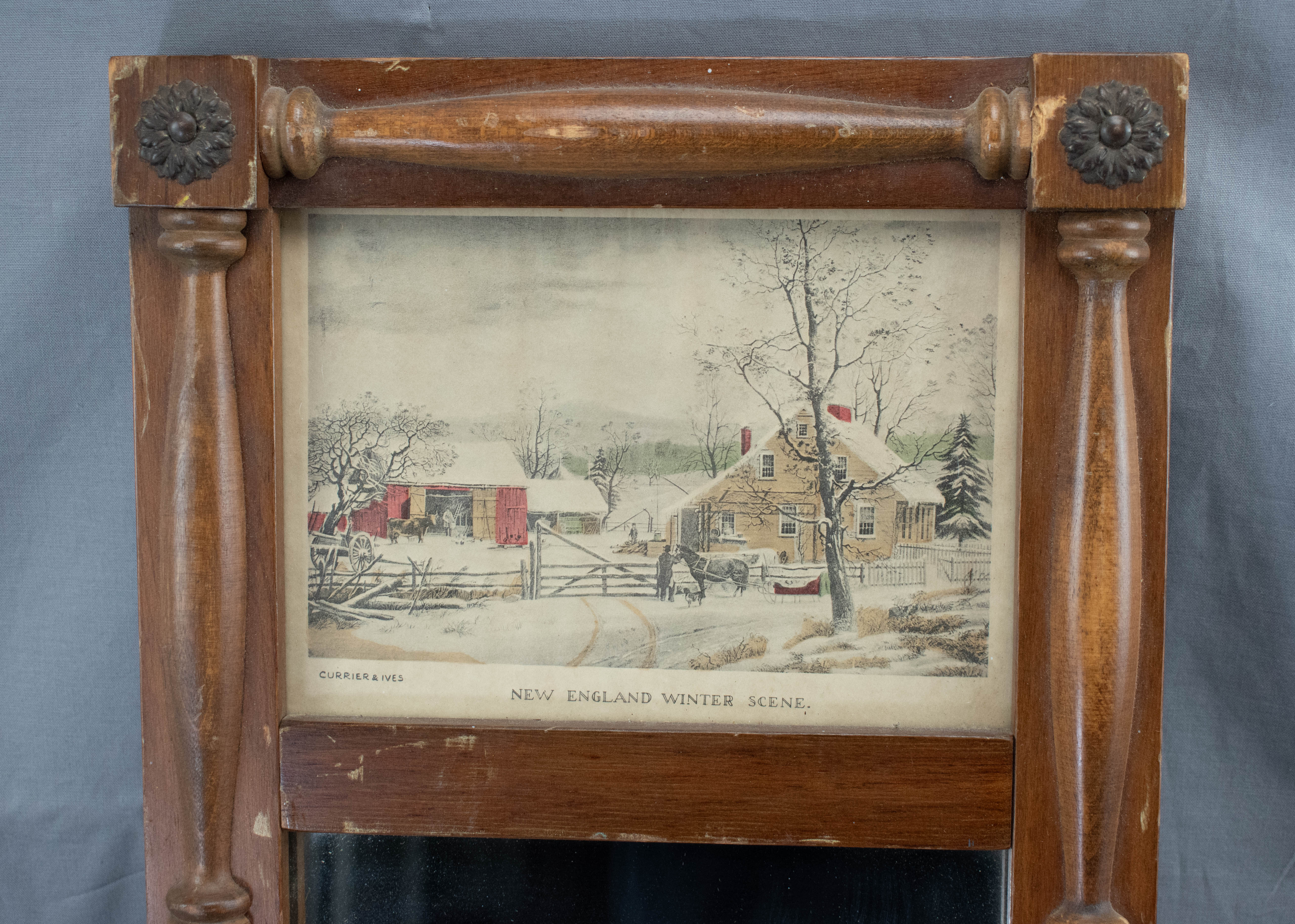 New England Winter Scene Currier and ives Wooden Mirror Framed Art Vintage