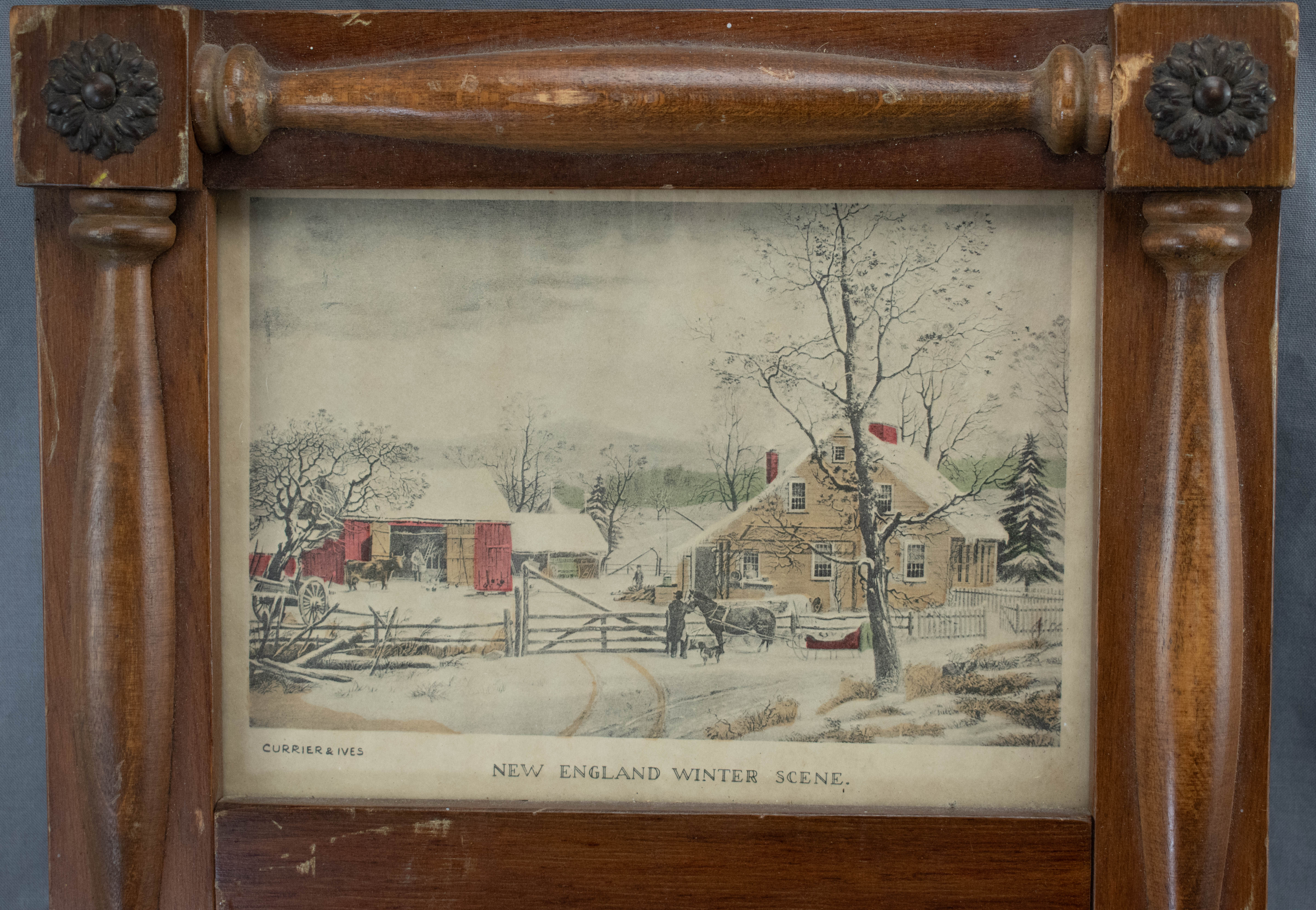 New England Winter Scene Currier and ives Wooden Mirror Framed Art Vintage