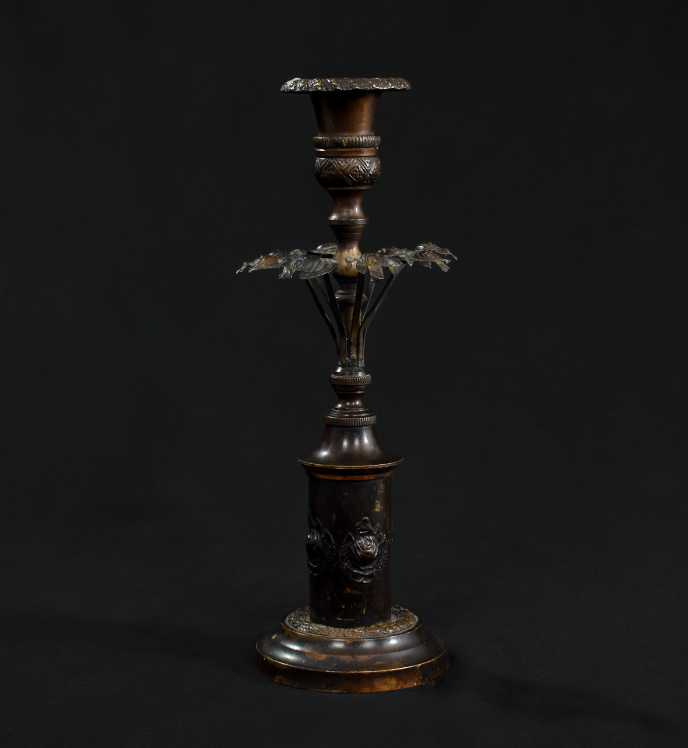 Antique French Bronze and Ebony Metal Flower Candle Stick Vintage