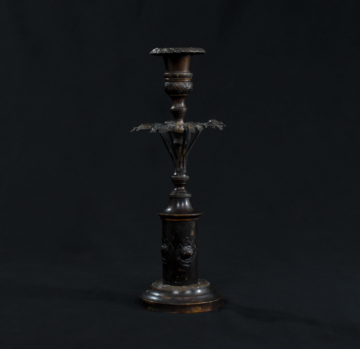 Antique French Bronze and Ebony Metal Flower Candle Stick Vintage