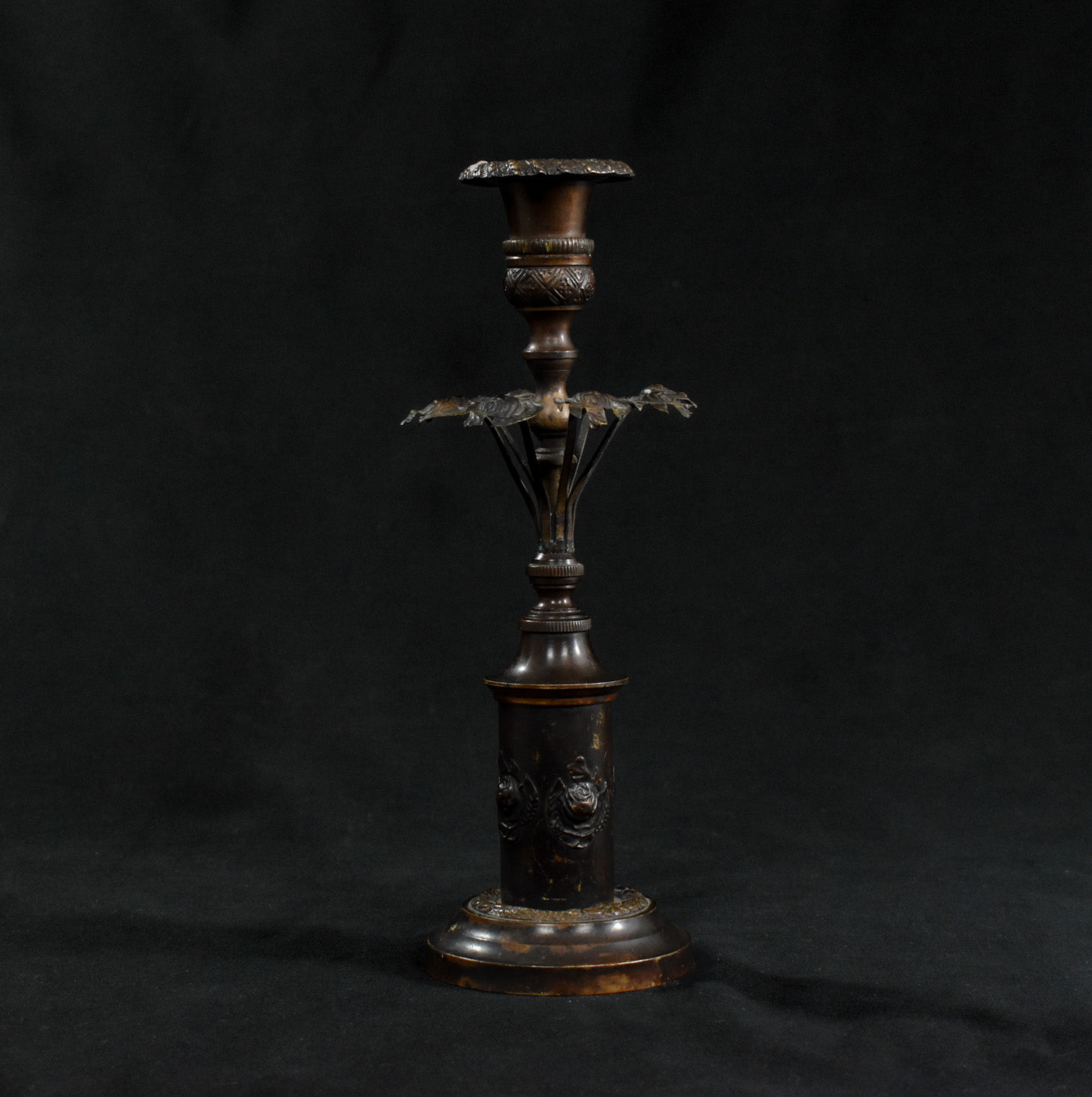 Antique French Bronze and Ebony Metal Flower Candle Stick Vintage