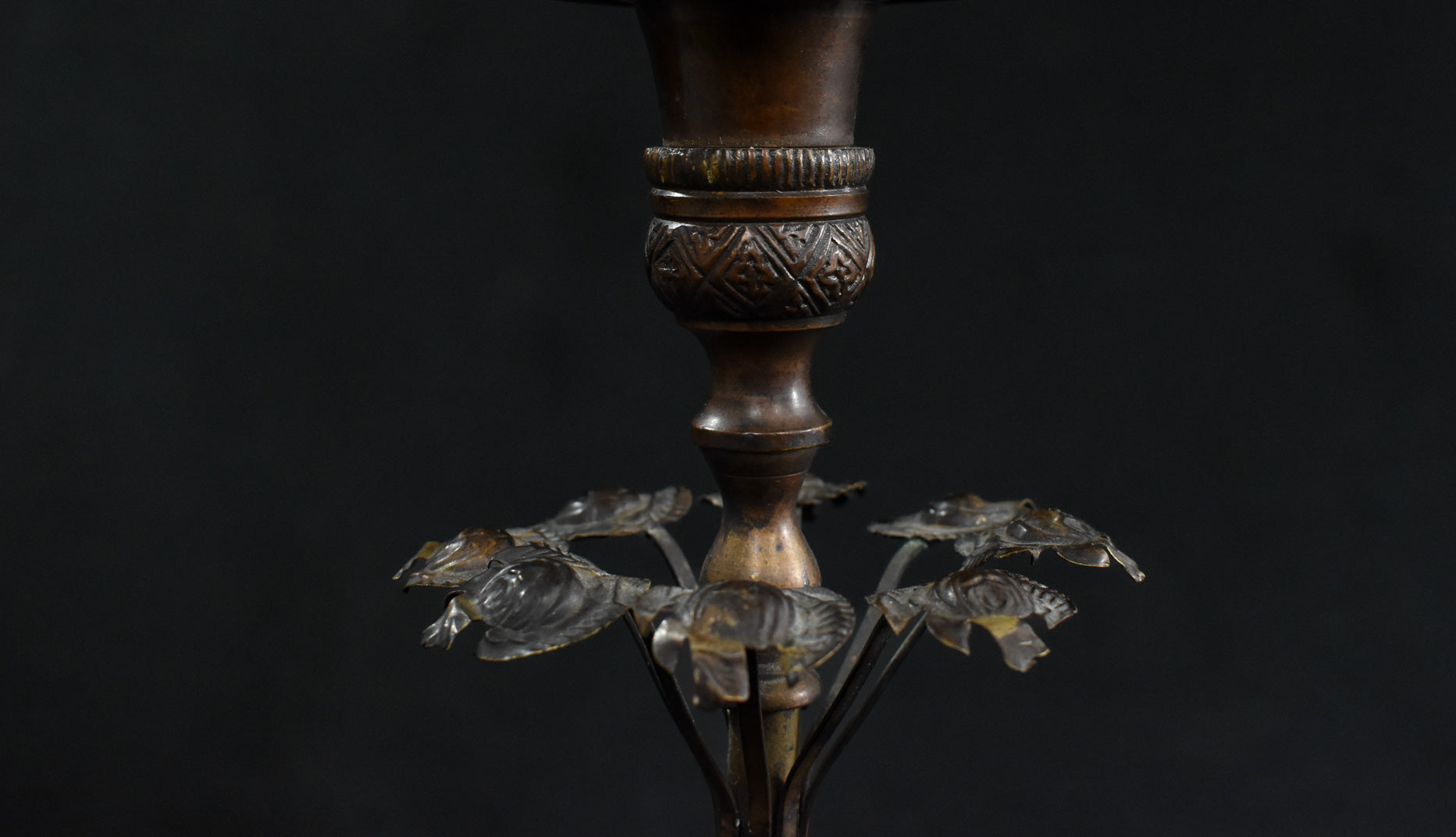 Antique French Bronze and Ebony Metal Flower Candle Stick Vintage