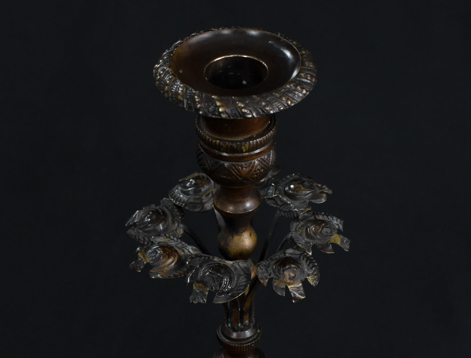 Antique French Bronze and Ebony Metal Flower Candle Stick Vintage