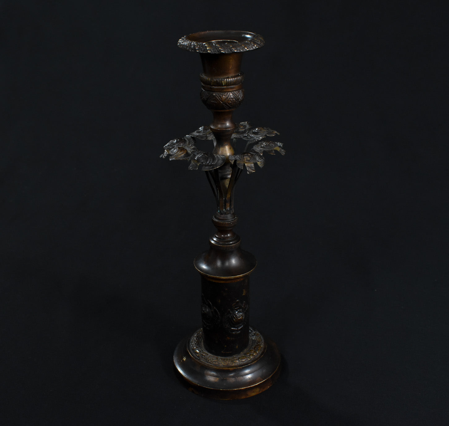 Antique French Bronze and Ebony Metal Flower Candle Stick Vintage