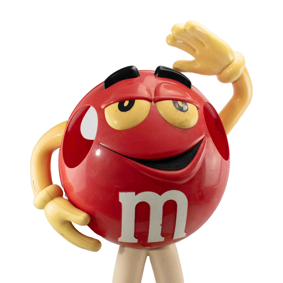 M&Ms Statue Standing Candy Holder Red on Rolling Wheels 38x26 Used