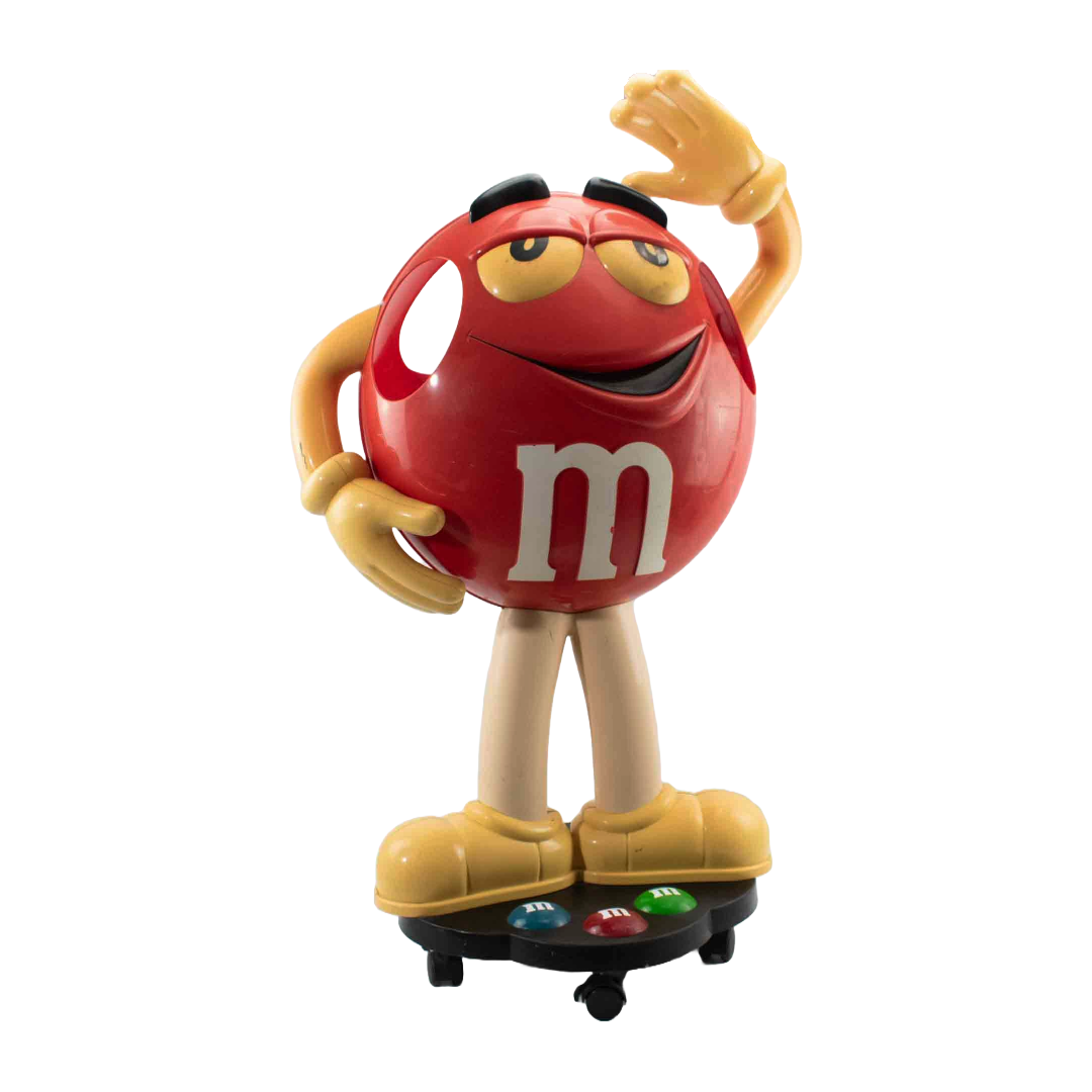 M&Ms Statue Standing Candy Holder Red on Rolling Wheels 38x26 Used