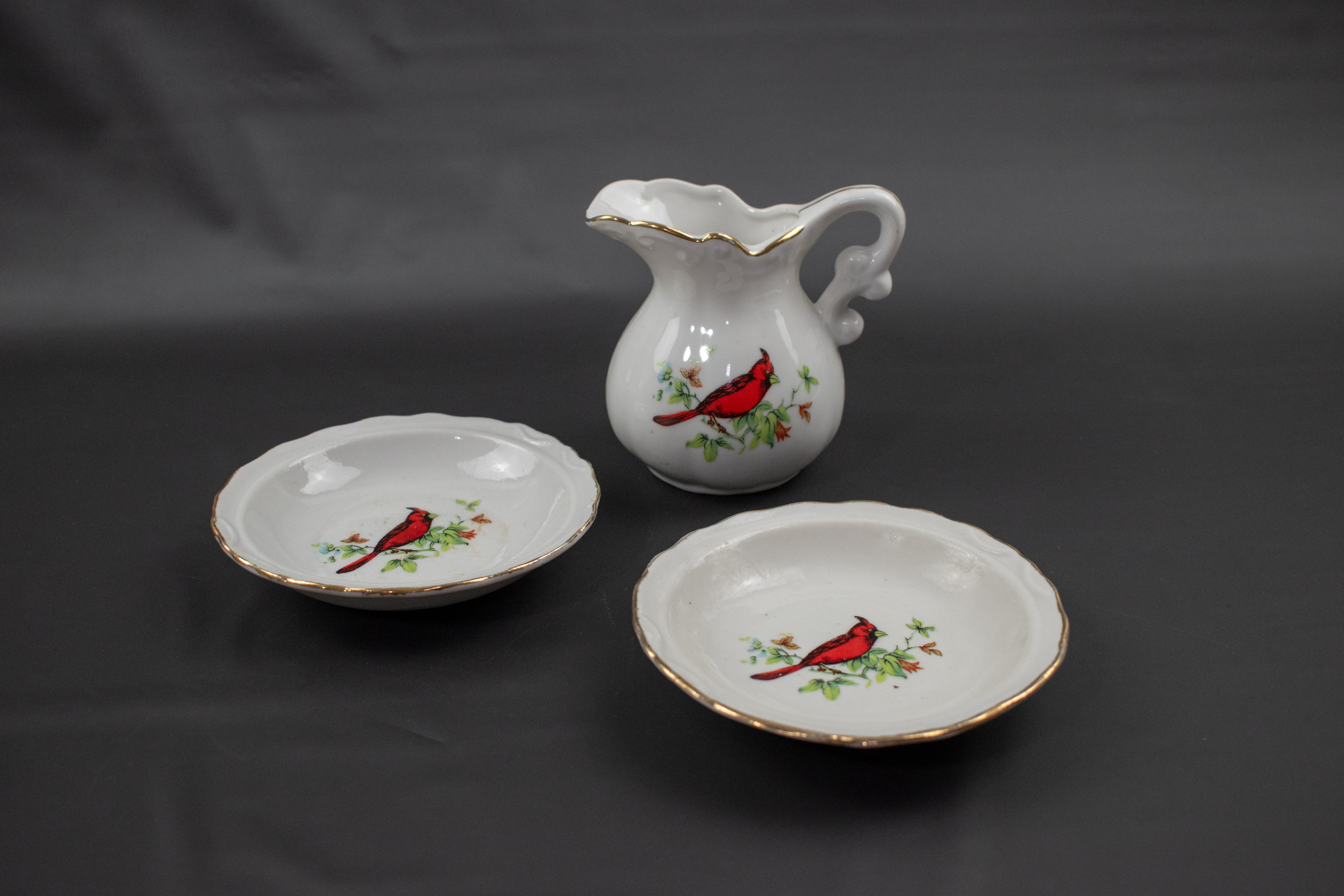 Cardinals Pottery Plates and Tea Cup White Red Cardinal Used