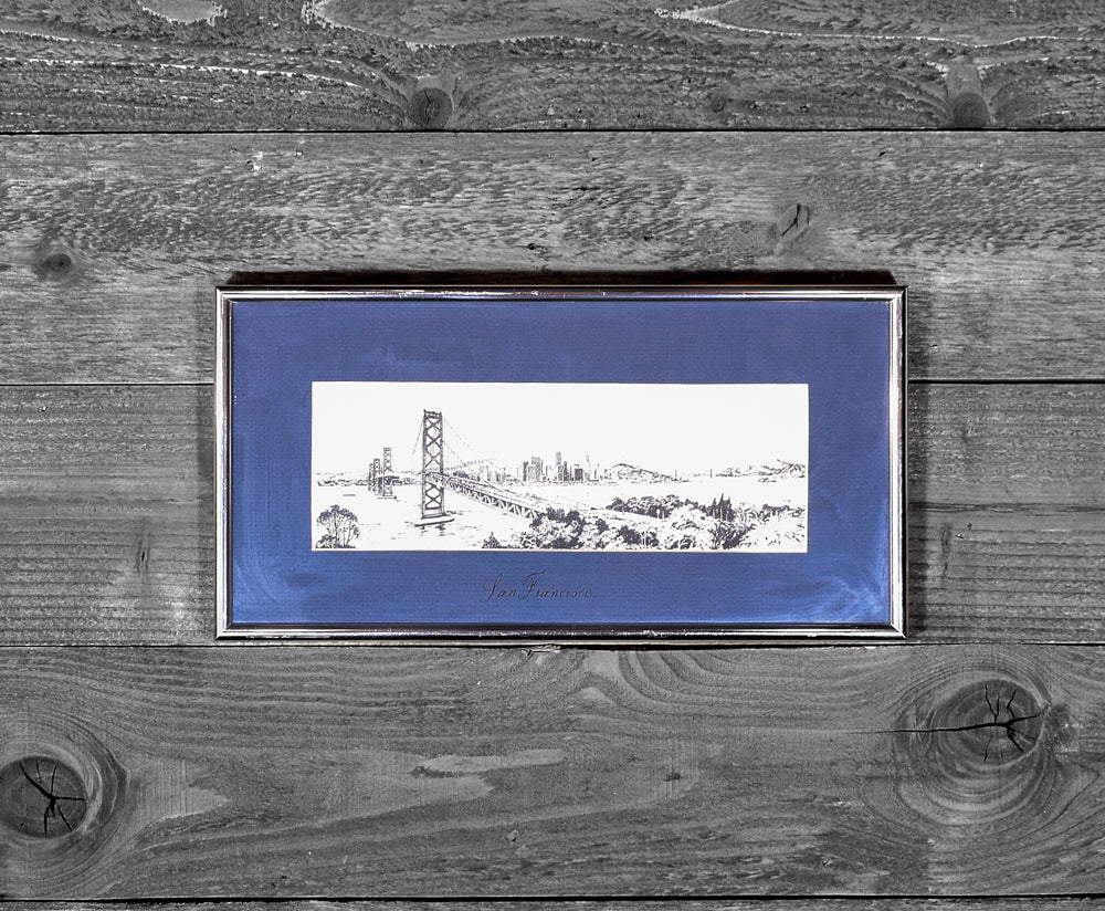 San Francisco Golden Gate Bridge Black White Sketched Framed Drawing California