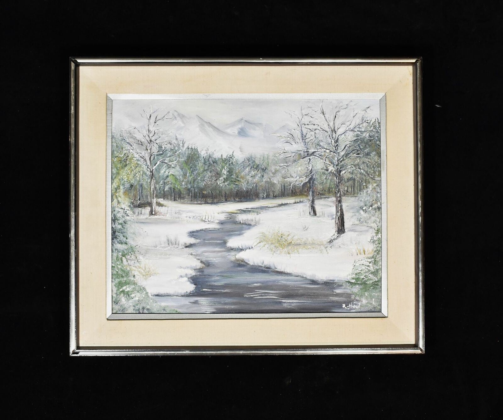 R Hoyt hand painted framed work Art work Mountain snow view river painting Authe