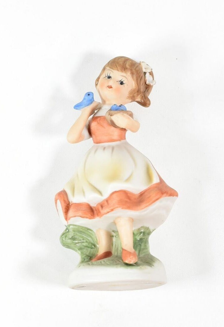 Ceramic Figure 5 inch Girl Little Girl Blue Birds Used