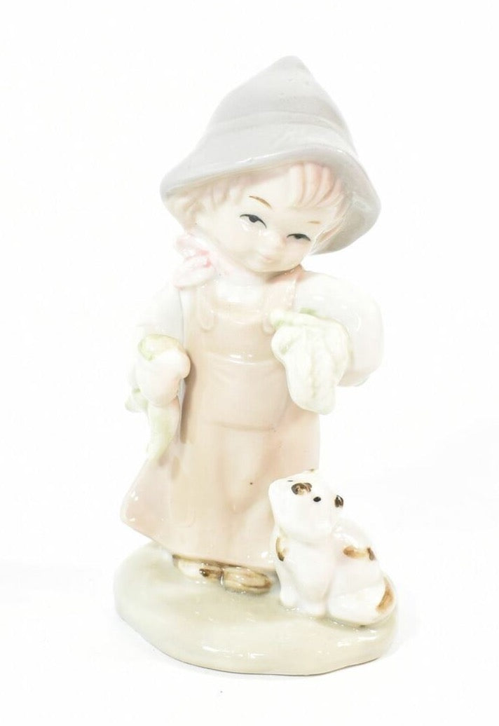 Ceramic Figure 5 inch Girl Little Girl Farm Cat Used